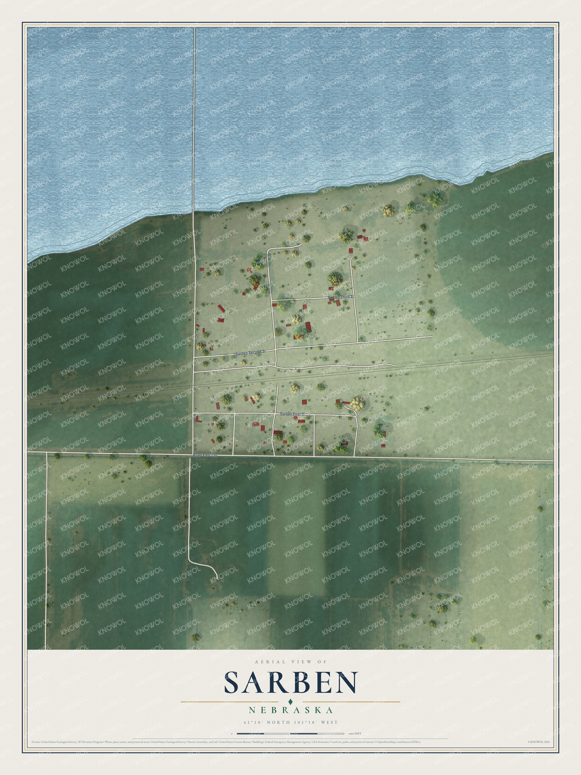 Full map of Sarben, Nebraska, with red buildings, printed street names and the land around them