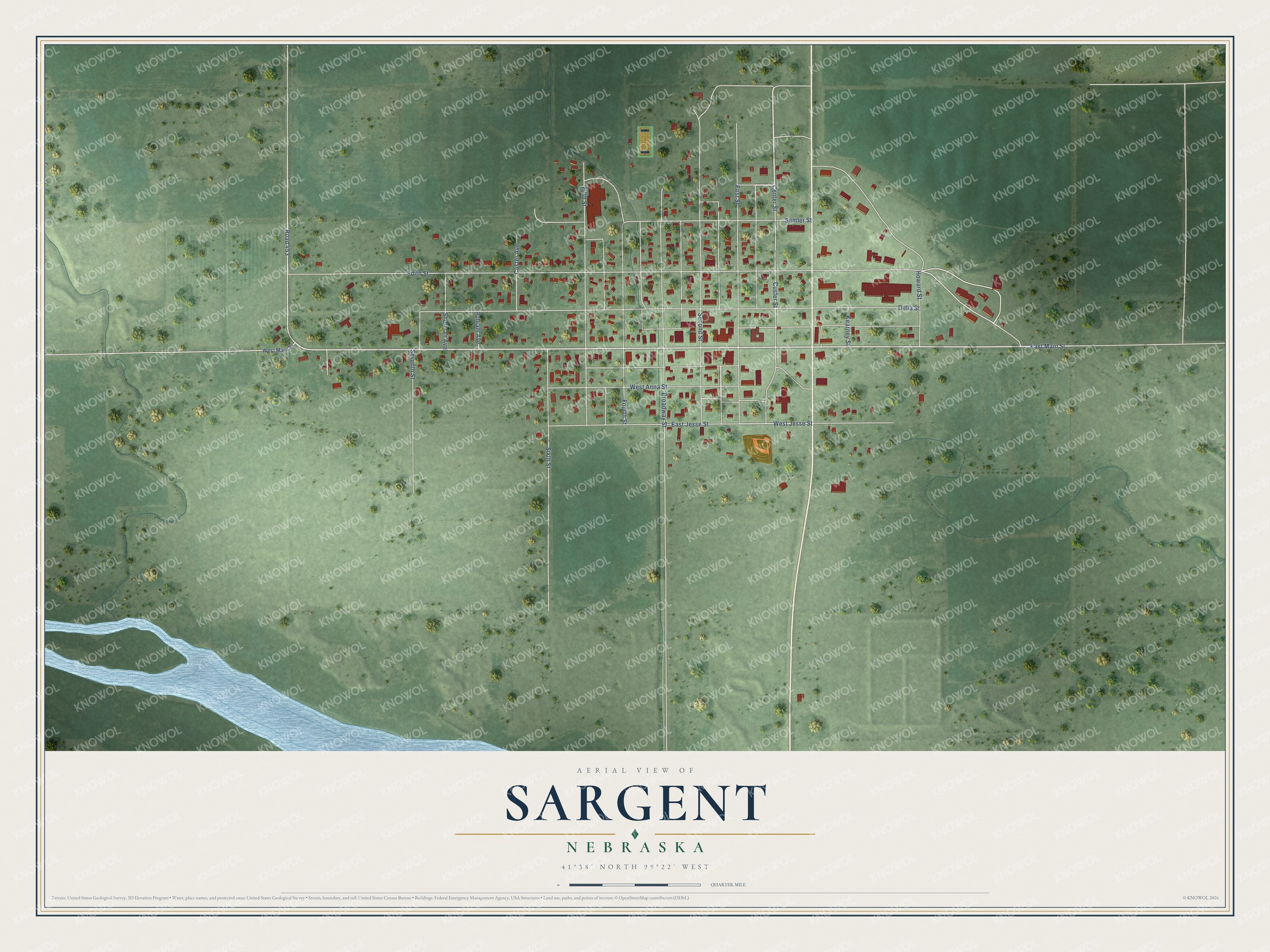 Full map of Sargent, Nebraska, with red buildings, printed street names and the land around them
