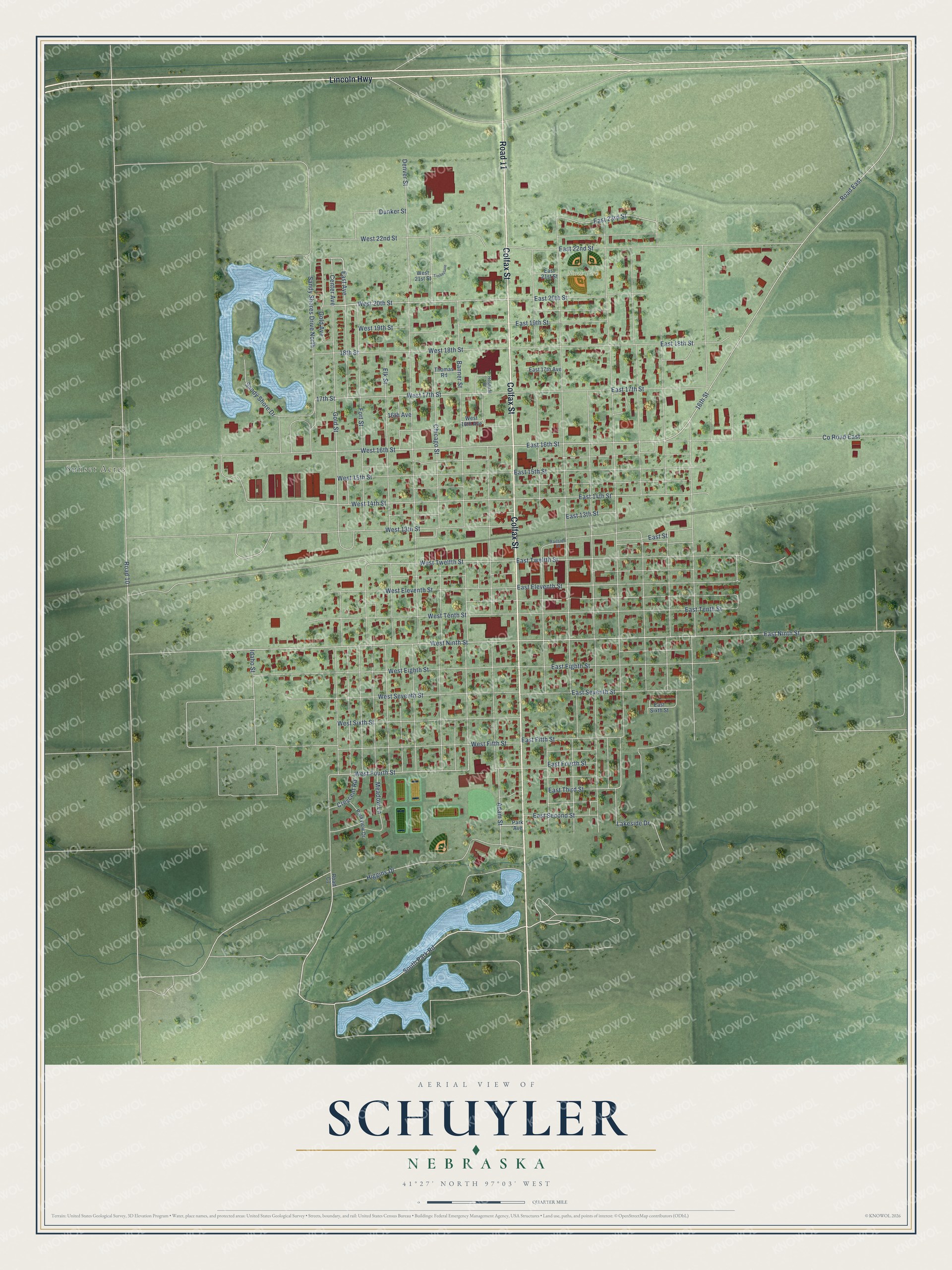Full map of Schuyler, Nebraska, with red buildings, printed street names and the land around them