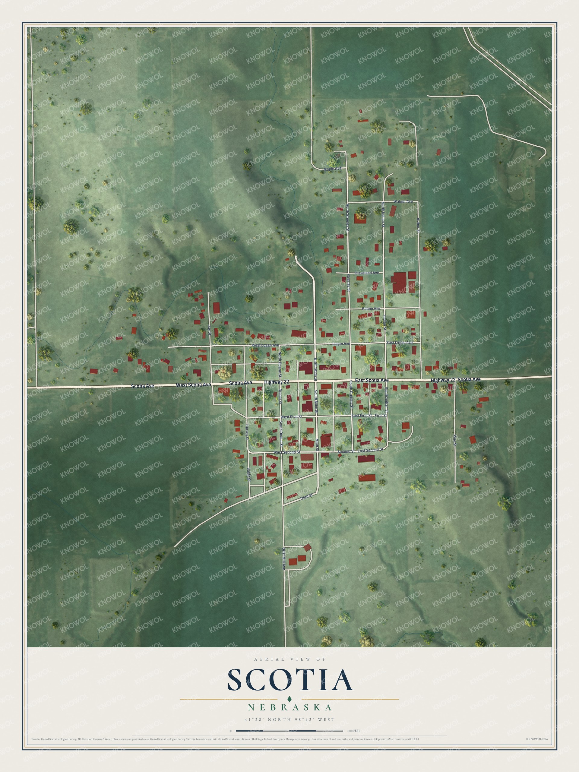 Full map of Scotia, Nebraska, with red buildings, printed street names and the land around them