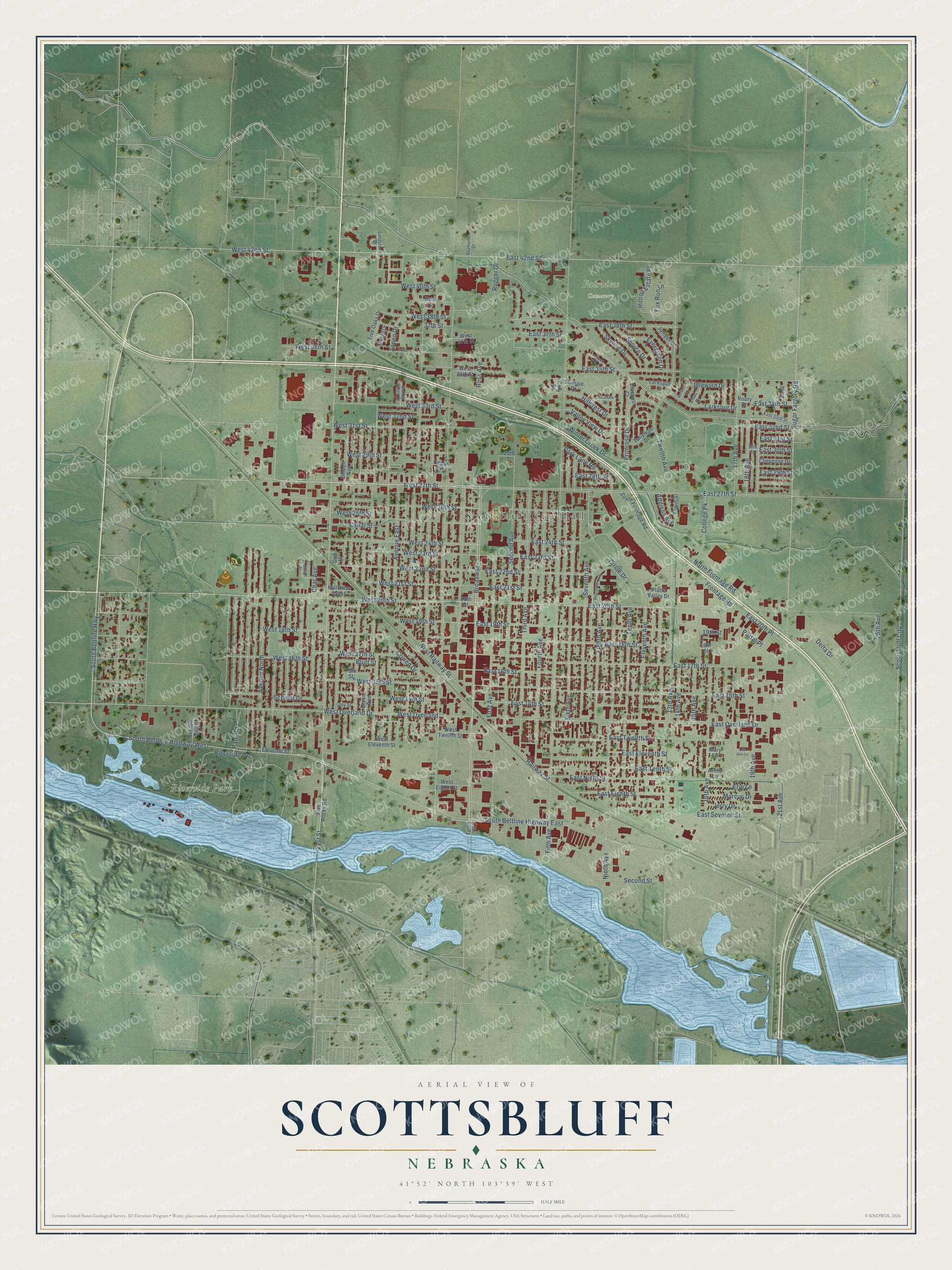 Full map of Scottsbluff, Nebraska, with red buildings, printed street names and the land around them