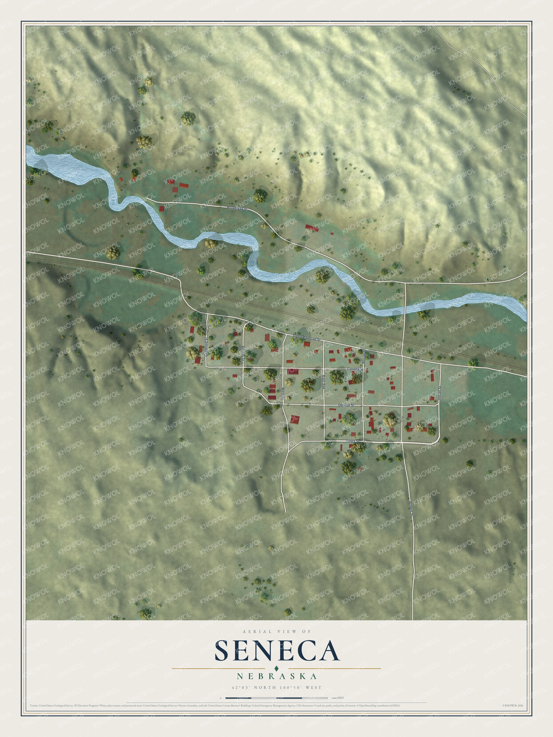 Full map of Seneca, Nebraska, with red buildings, printed street names and the land around them