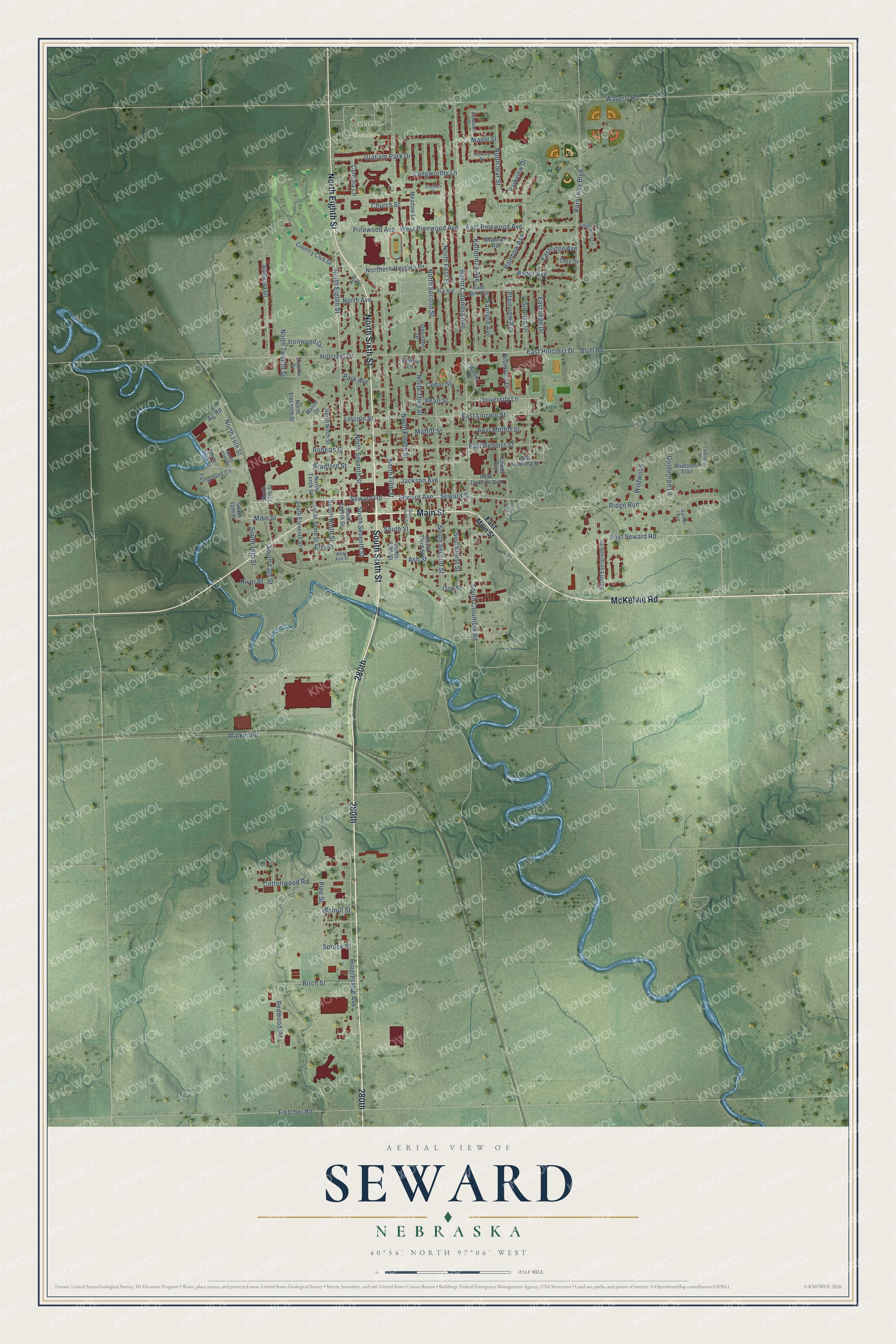 Full map of Seward, Nebraska, with red buildings, printed street names and the land around them