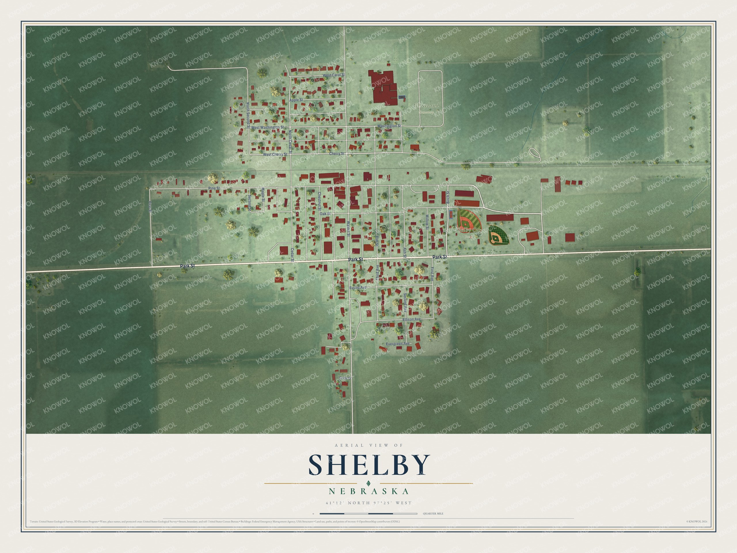 Full map of Shelby, Nebraska, with red buildings, printed street names and the land around them