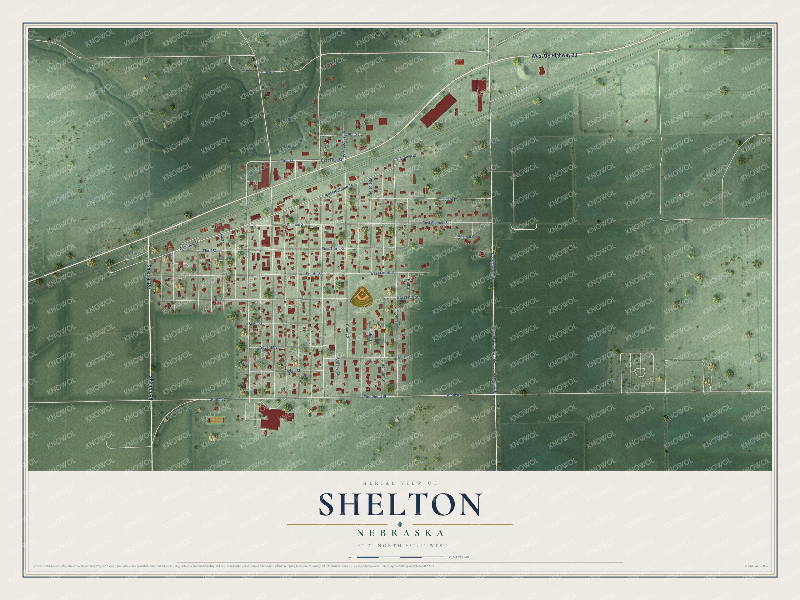 Full map of Shelton, Nebraska, with red buildings, printed street names and the land around them