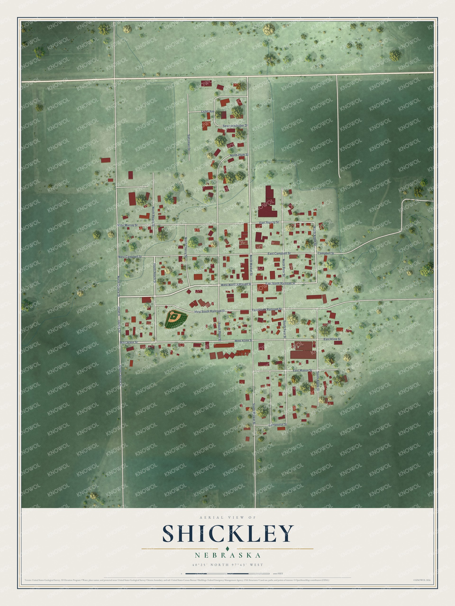 Full map of Shickley, Nebraska, with red buildings, printed street names and the land around them