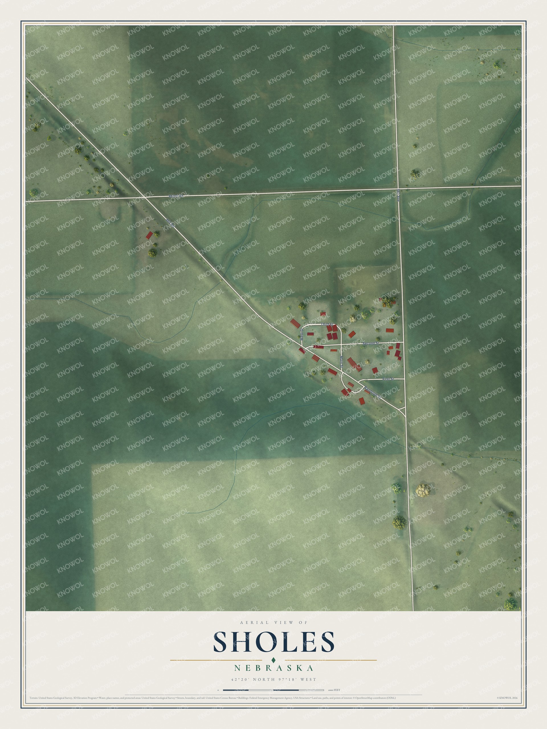 Full map of Sholes, Nebraska, with red buildings, printed street names and the land around them