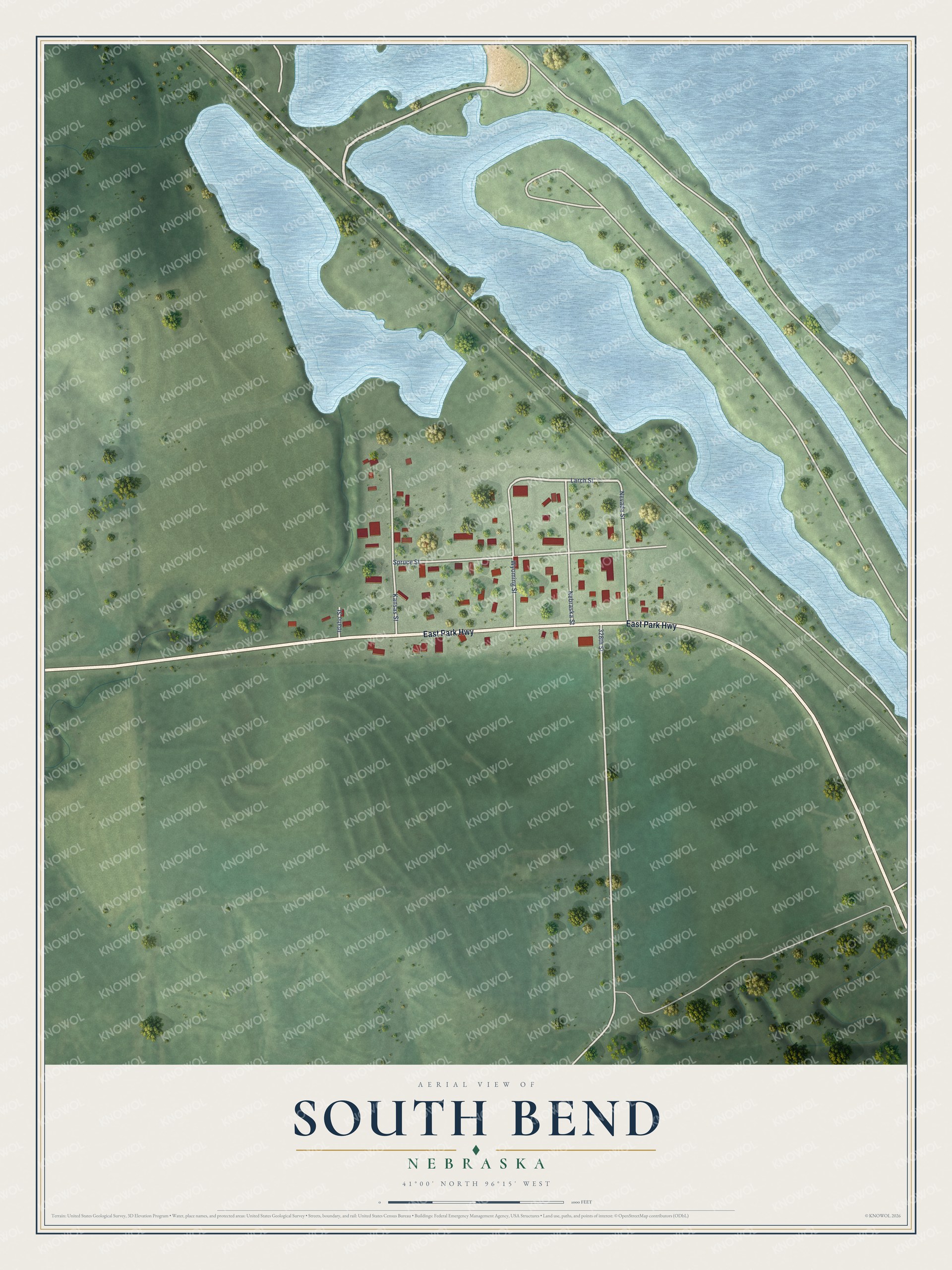 Full map of South Bend, Nebraska, with red buildings, printed street names and the land around them
