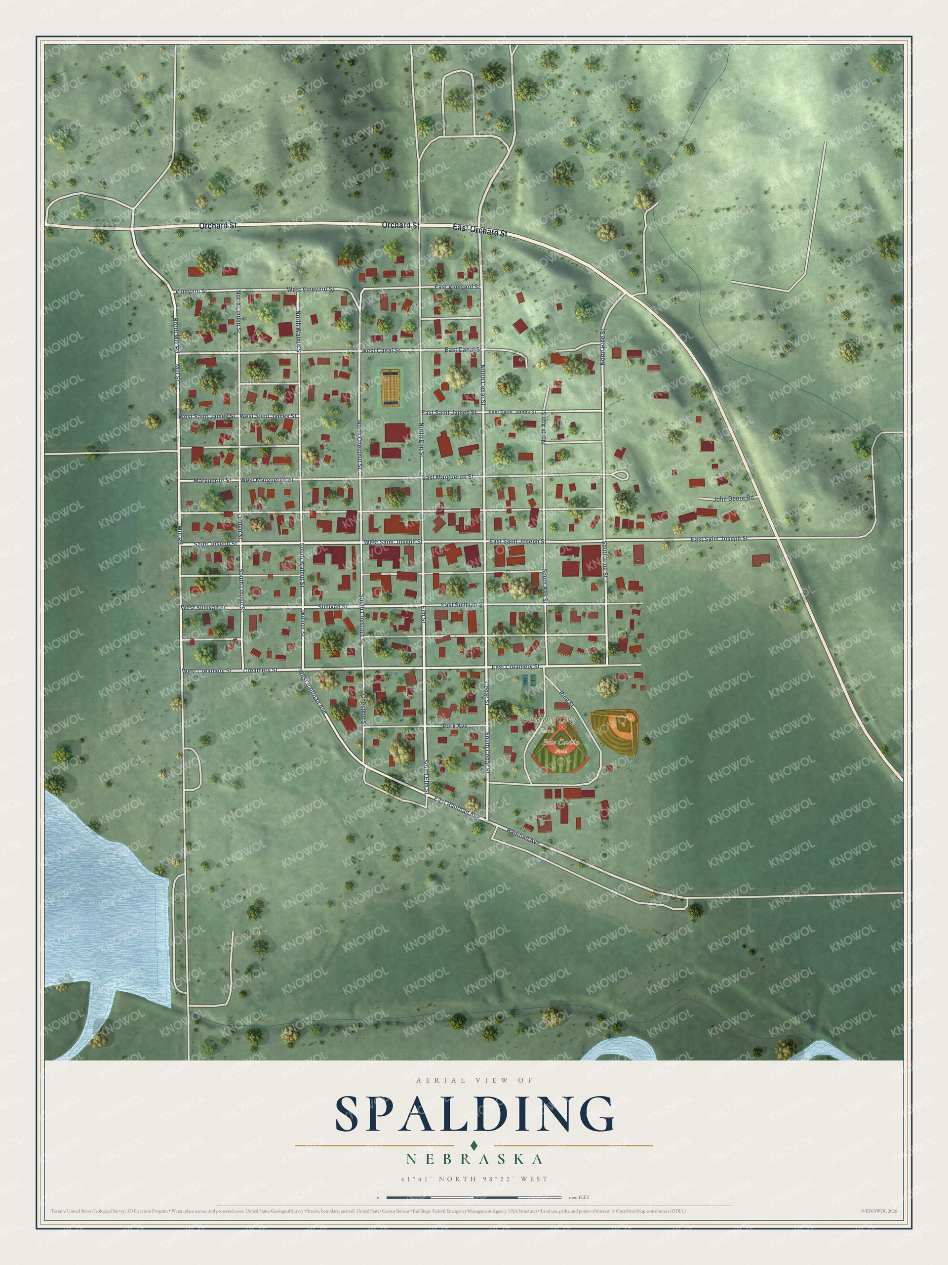Full map of Spalding, Nebraska, with red buildings, printed street names and the land around them