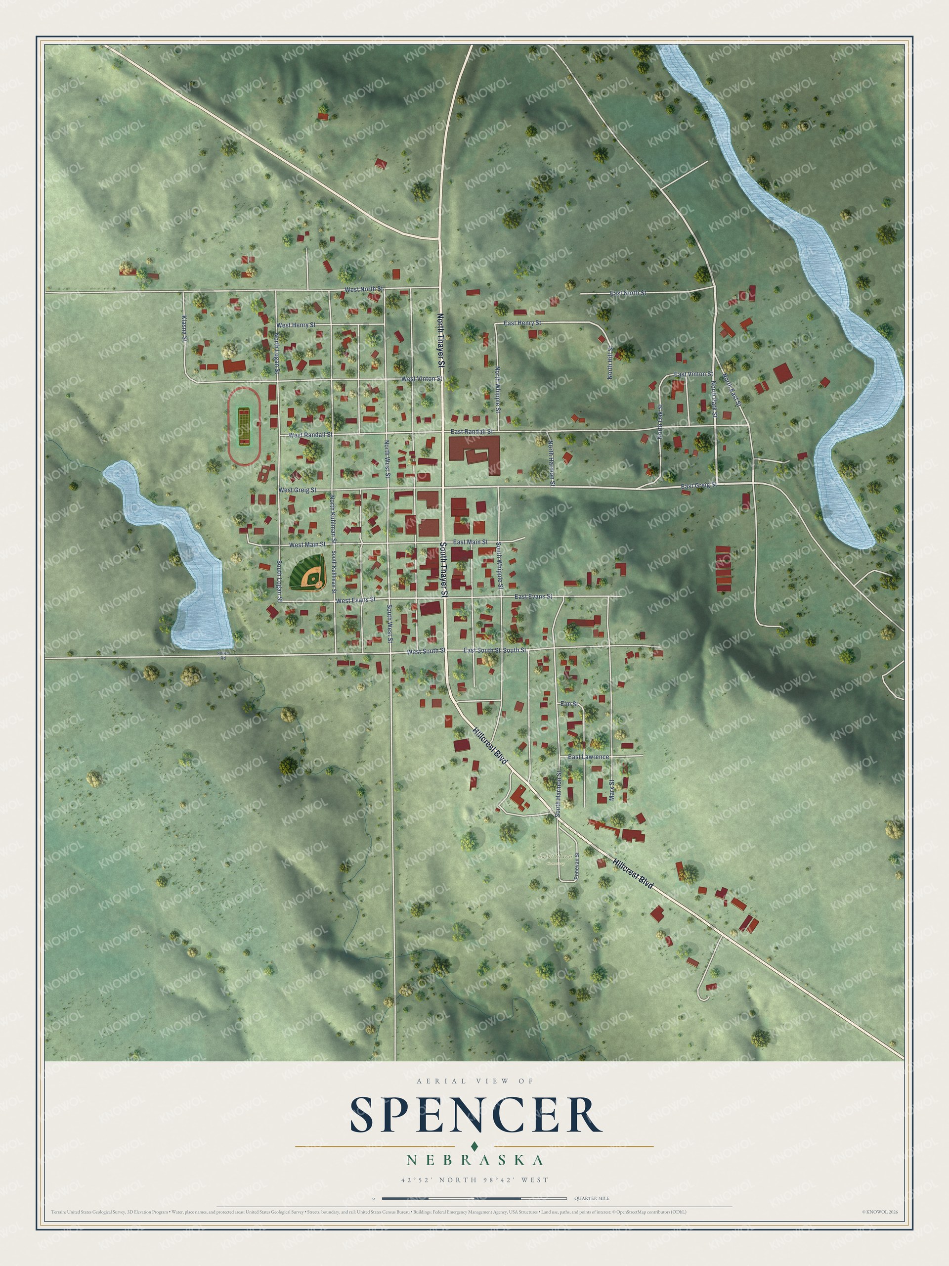 Full map of Spencer, Nebraska, with red buildings, printed street names and the land around them
