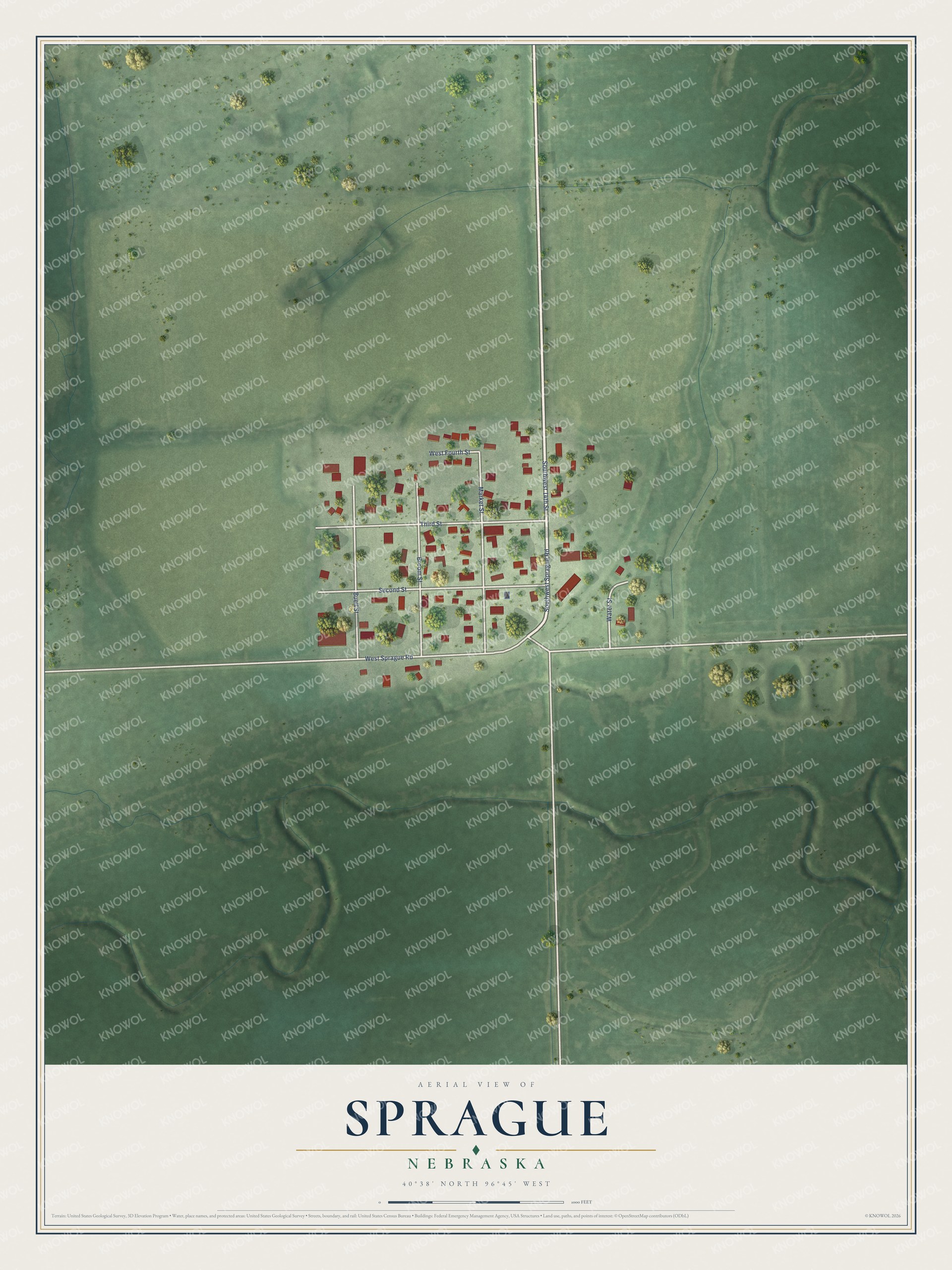 Full map of Sprague, Nebraska, with red buildings, printed street names and the land around them