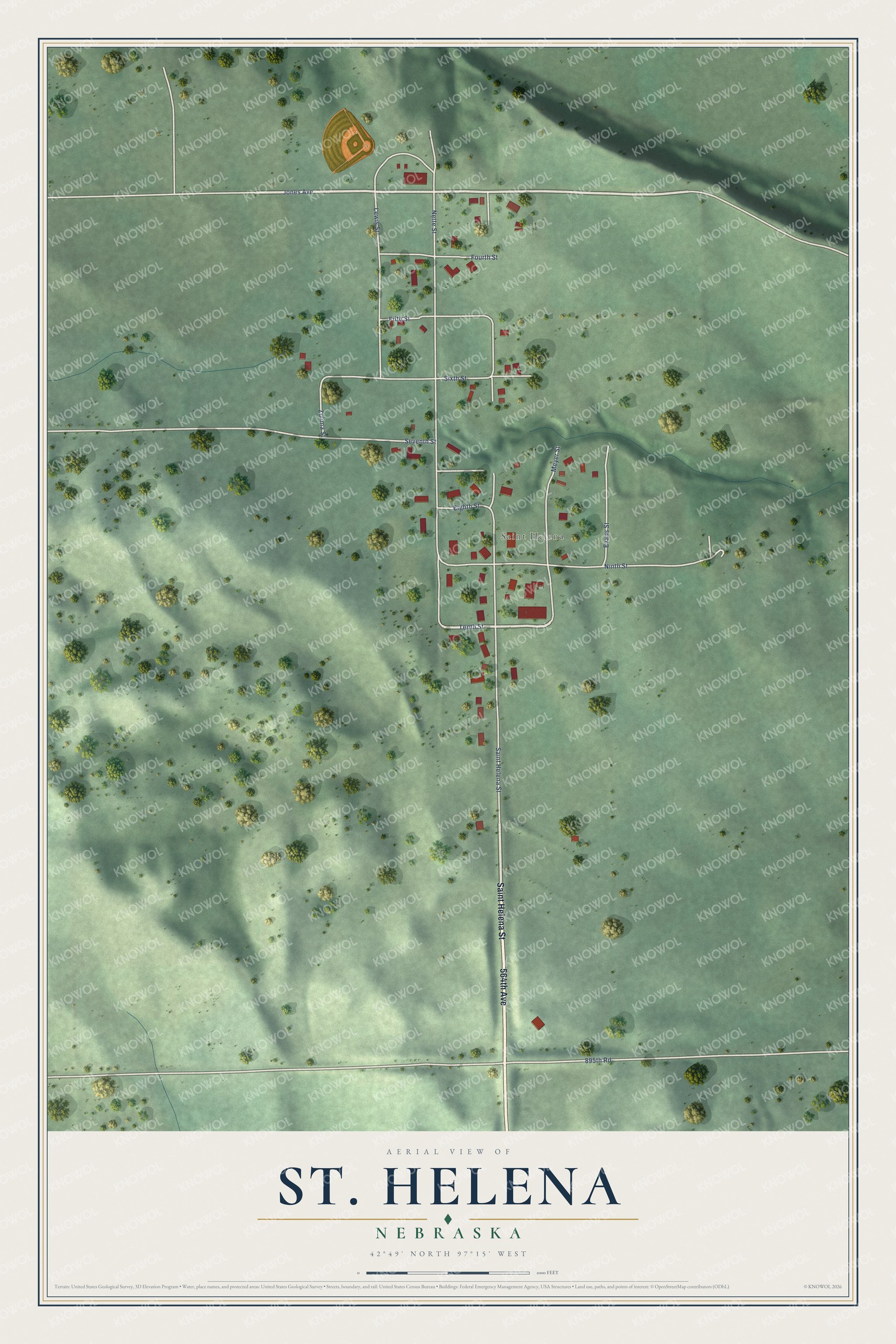 Full map of St. Helena, Nebraska, with red buildings, printed street names and the land around them