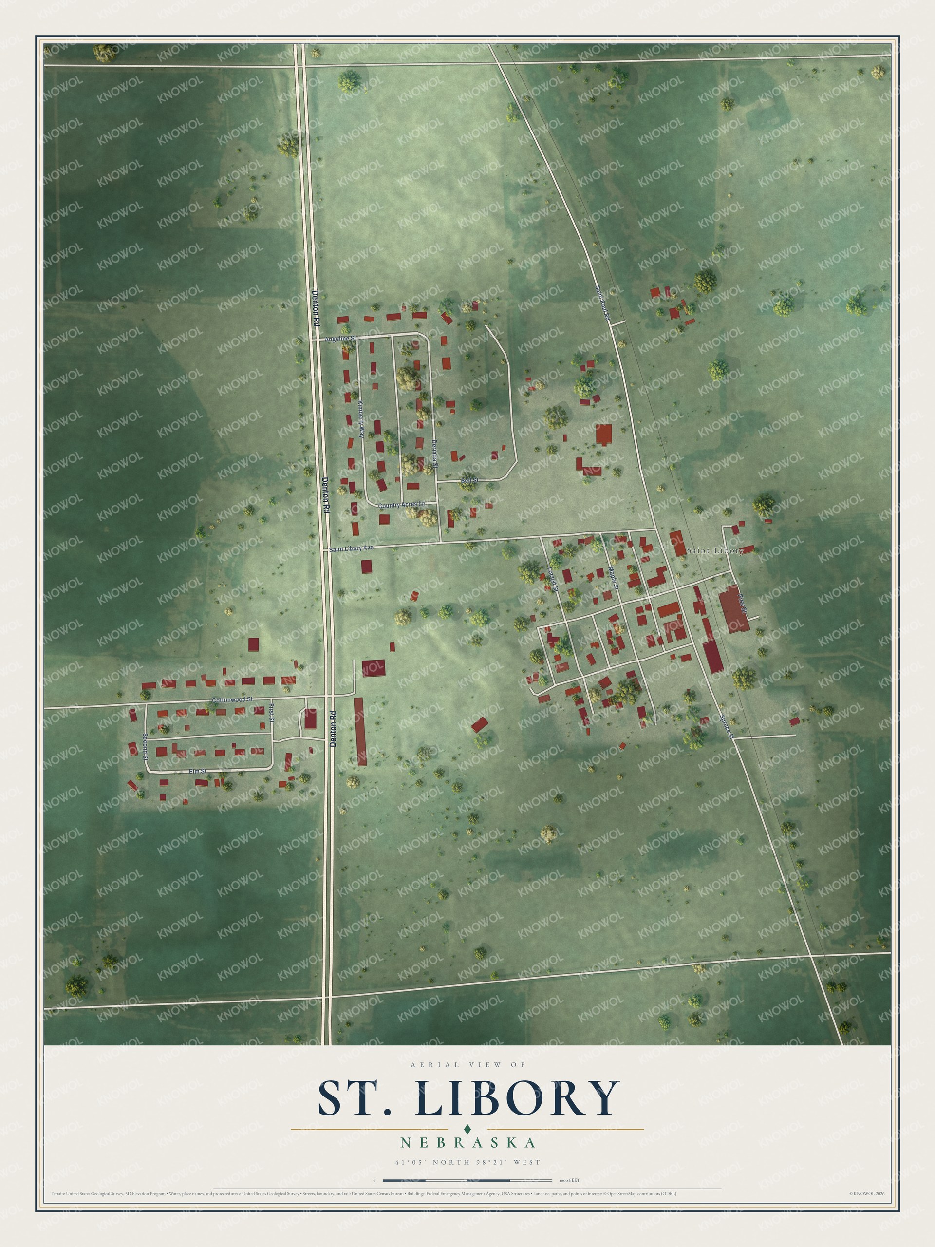 Full map of St. Libory, Nebraska, with red buildings, printed street names and the land around them