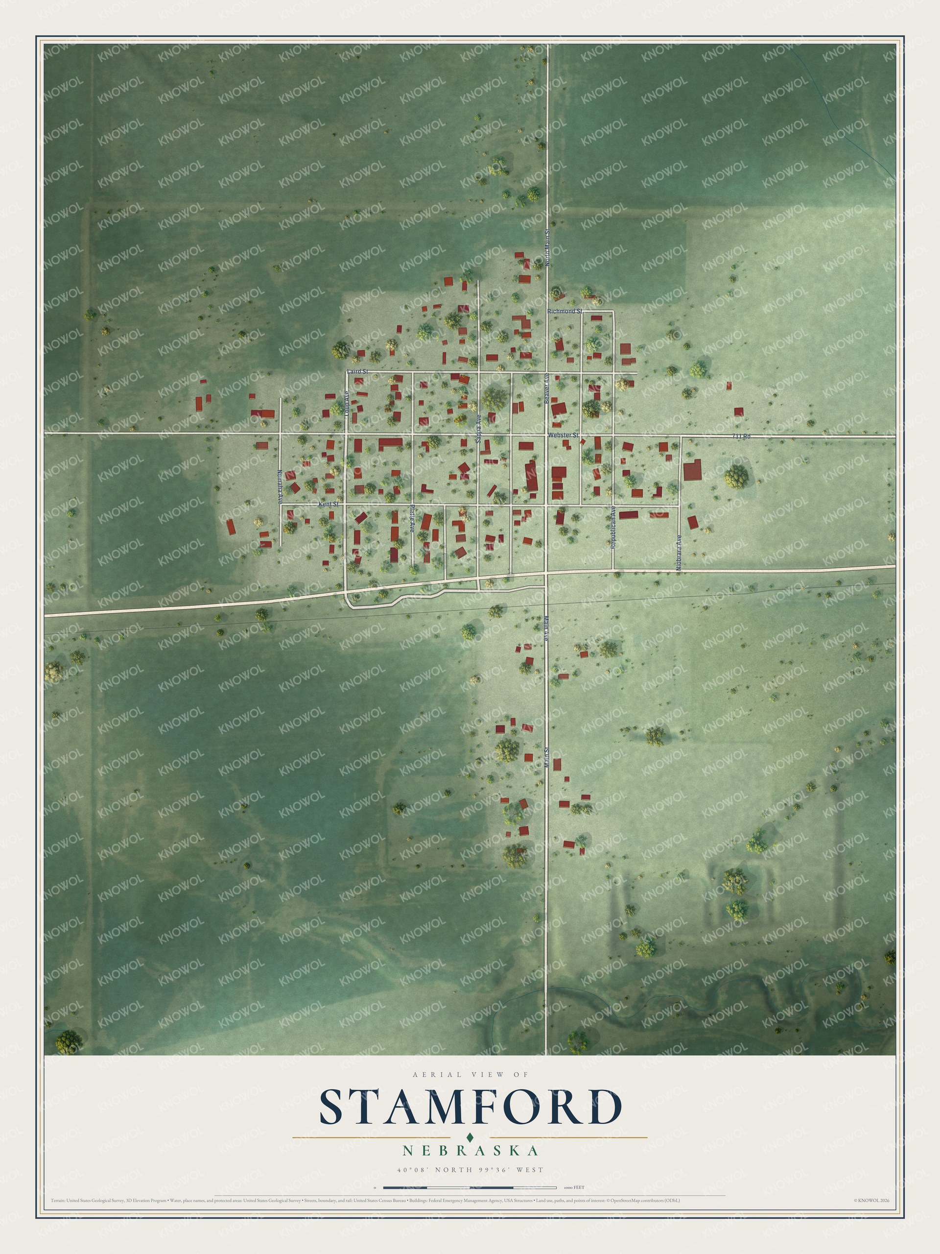 Full map of Stamford, Nebraska, with red buildings, printed street names and the land around them