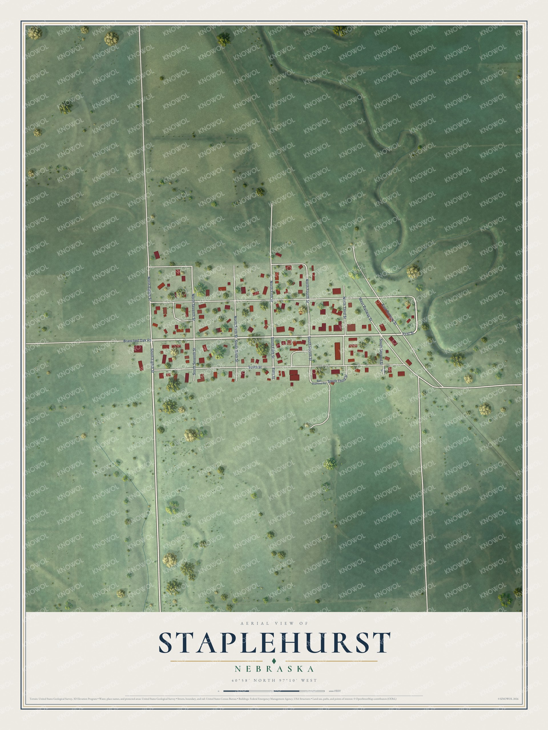 Full map of Staplehurst, Nebraska, with red buildings, printed street names and the land around them