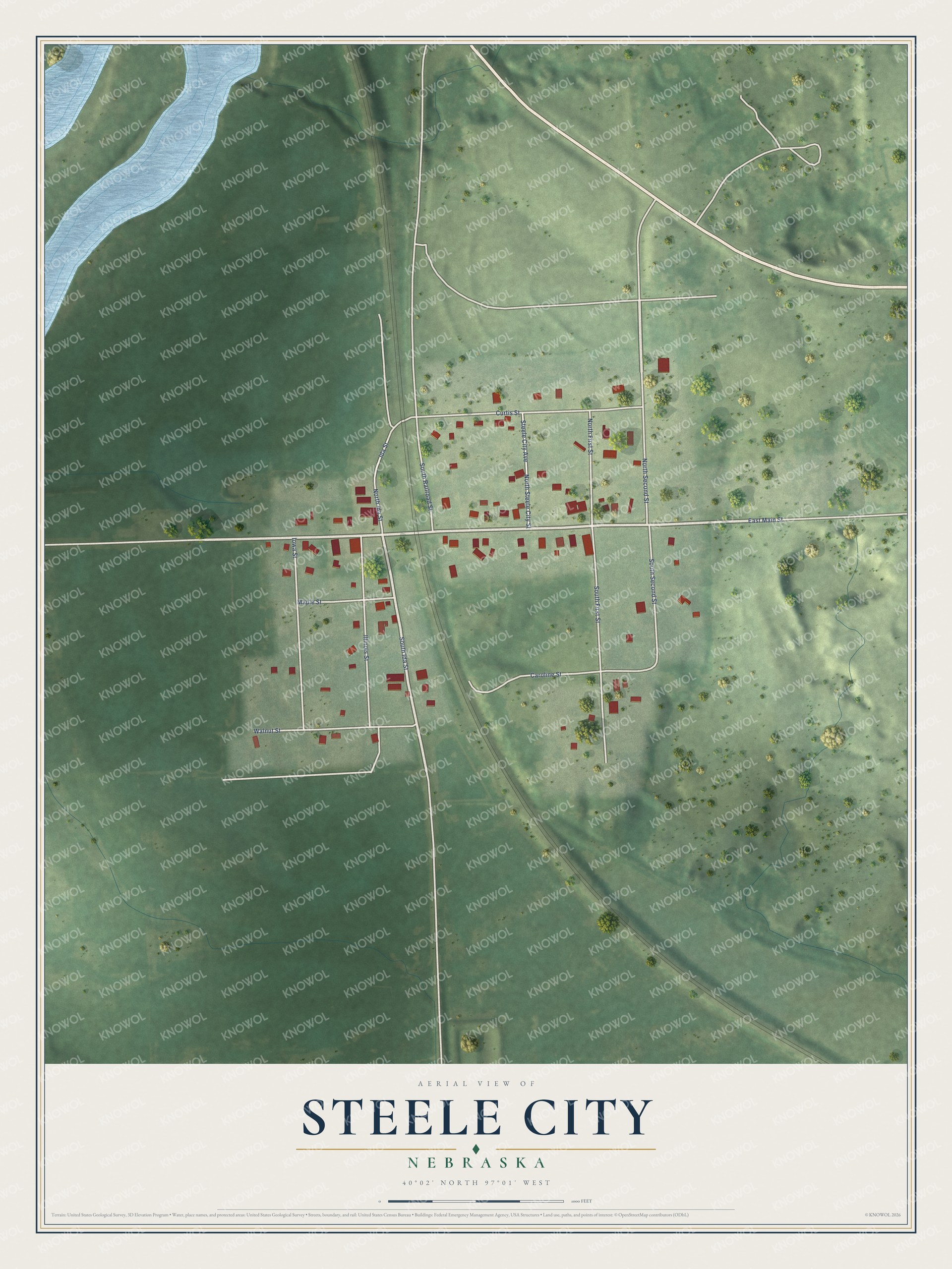 Full map of Steele City, Nebraska, with red buildings, printed street names and the land around them
