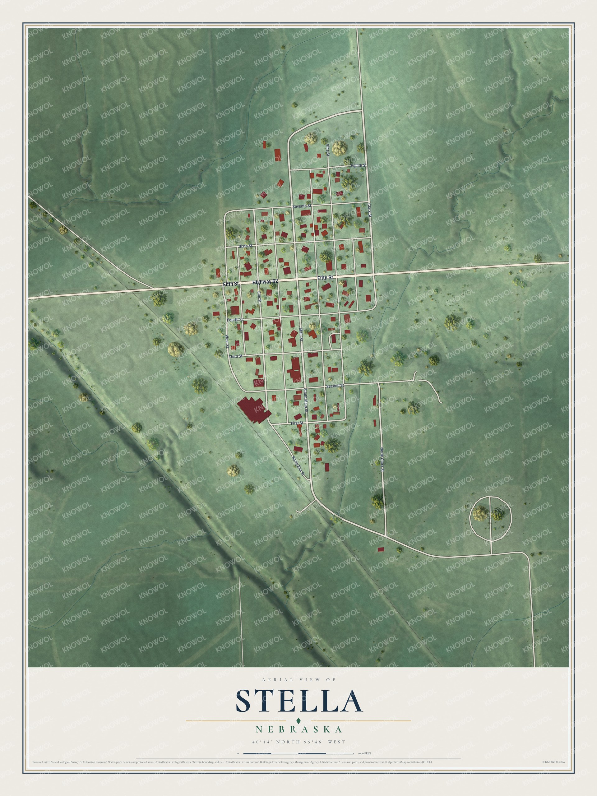 Full map of Stella, Nebraska, with red buildings, printed street names and the land around them
