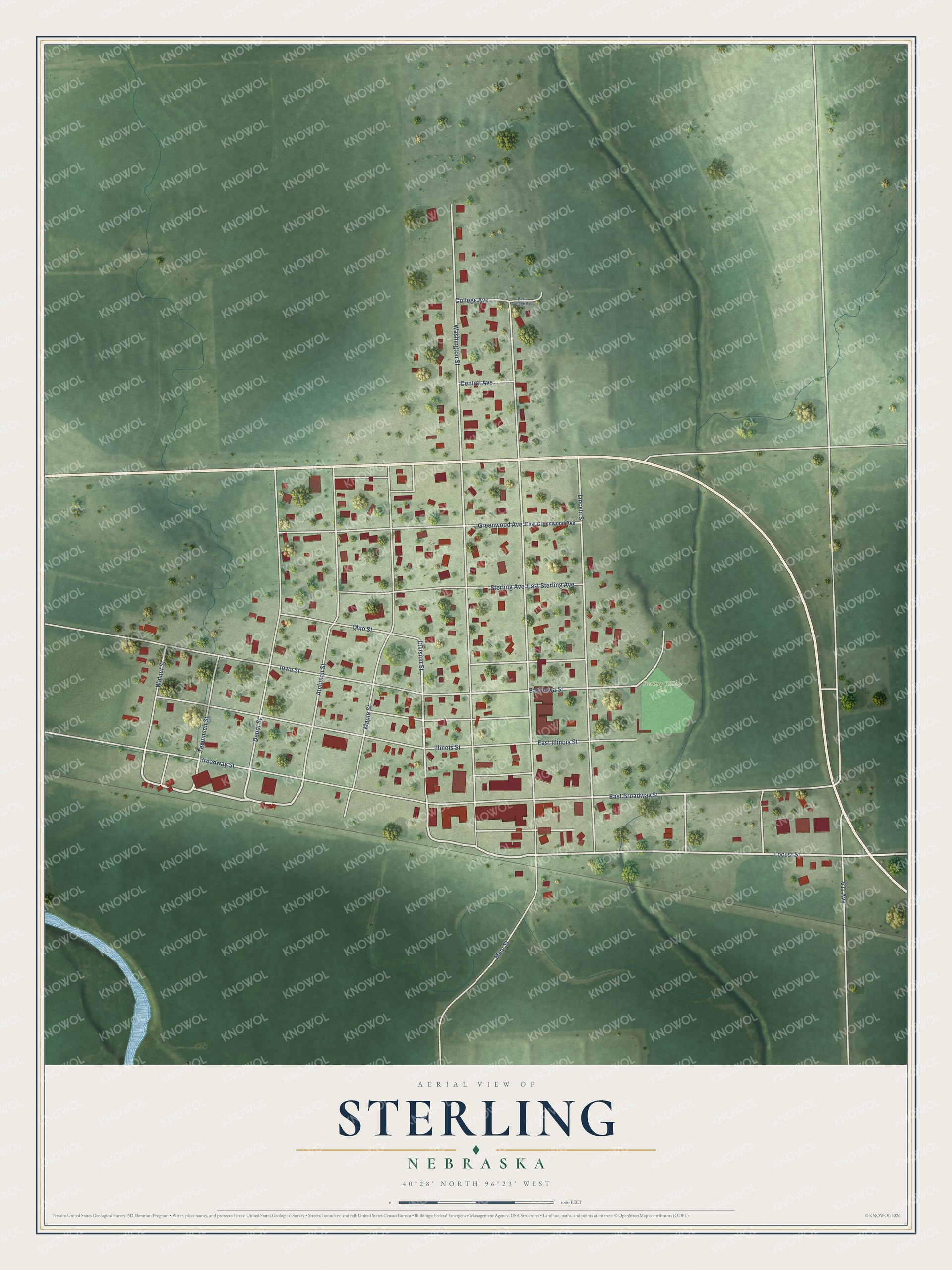 Full map of Sterling, Nebraska, with red buildings, printed street names and the land around them