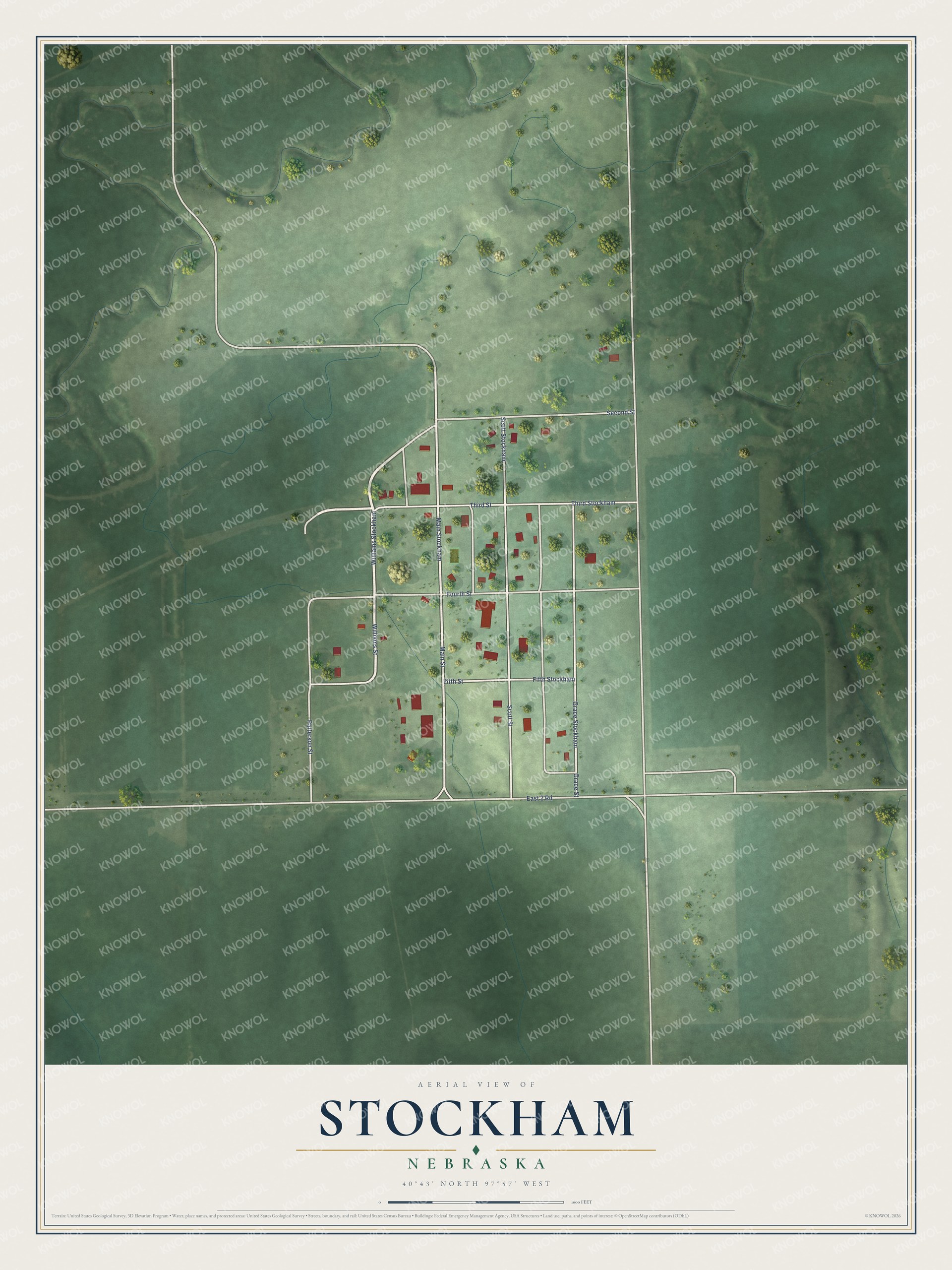 Full map of Stockham, Nebraska, with red buildings, printed street names and the land around them