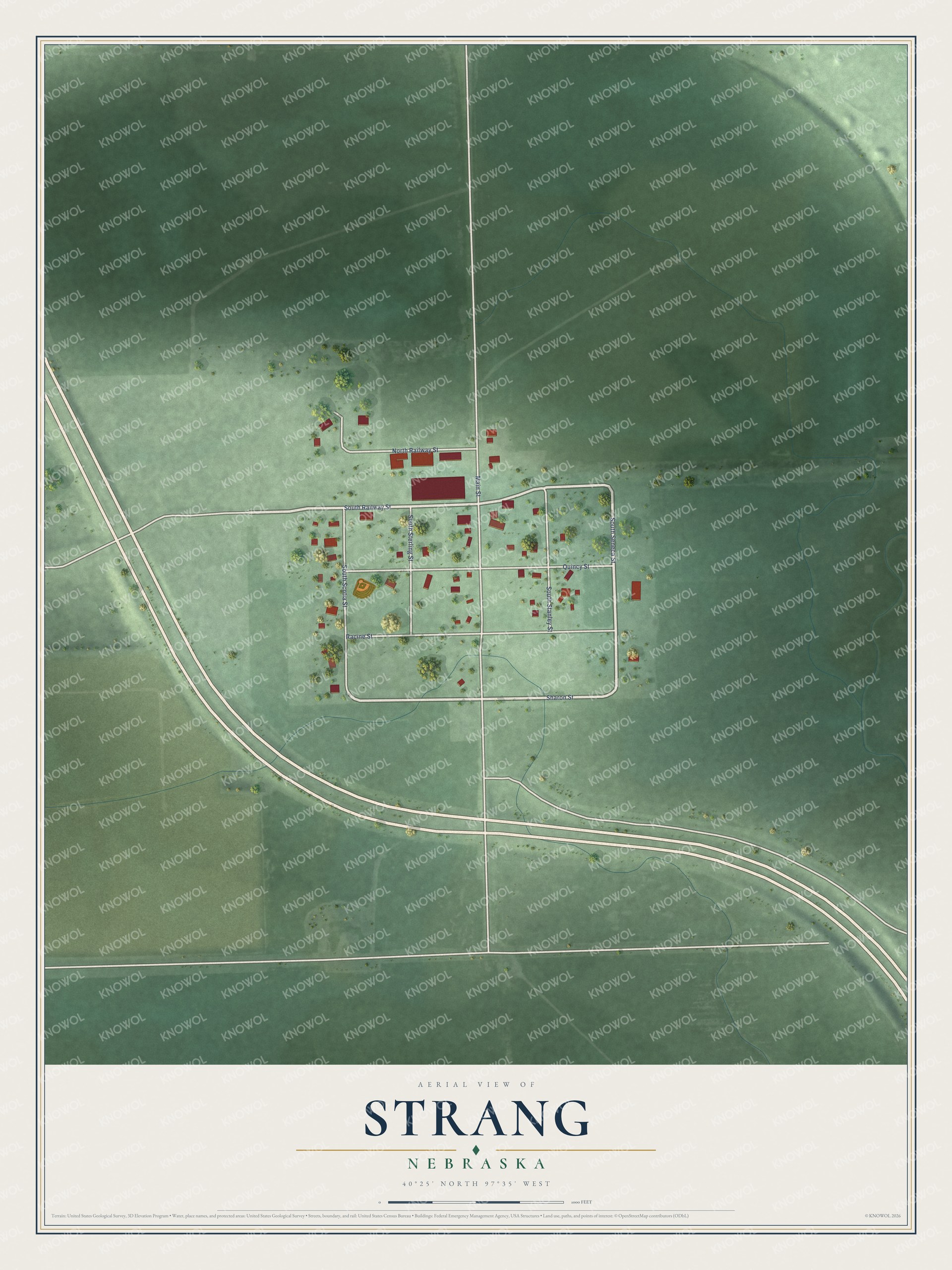 Full map of Strang, Nebraska, with red buildings, printed street names and the land around them