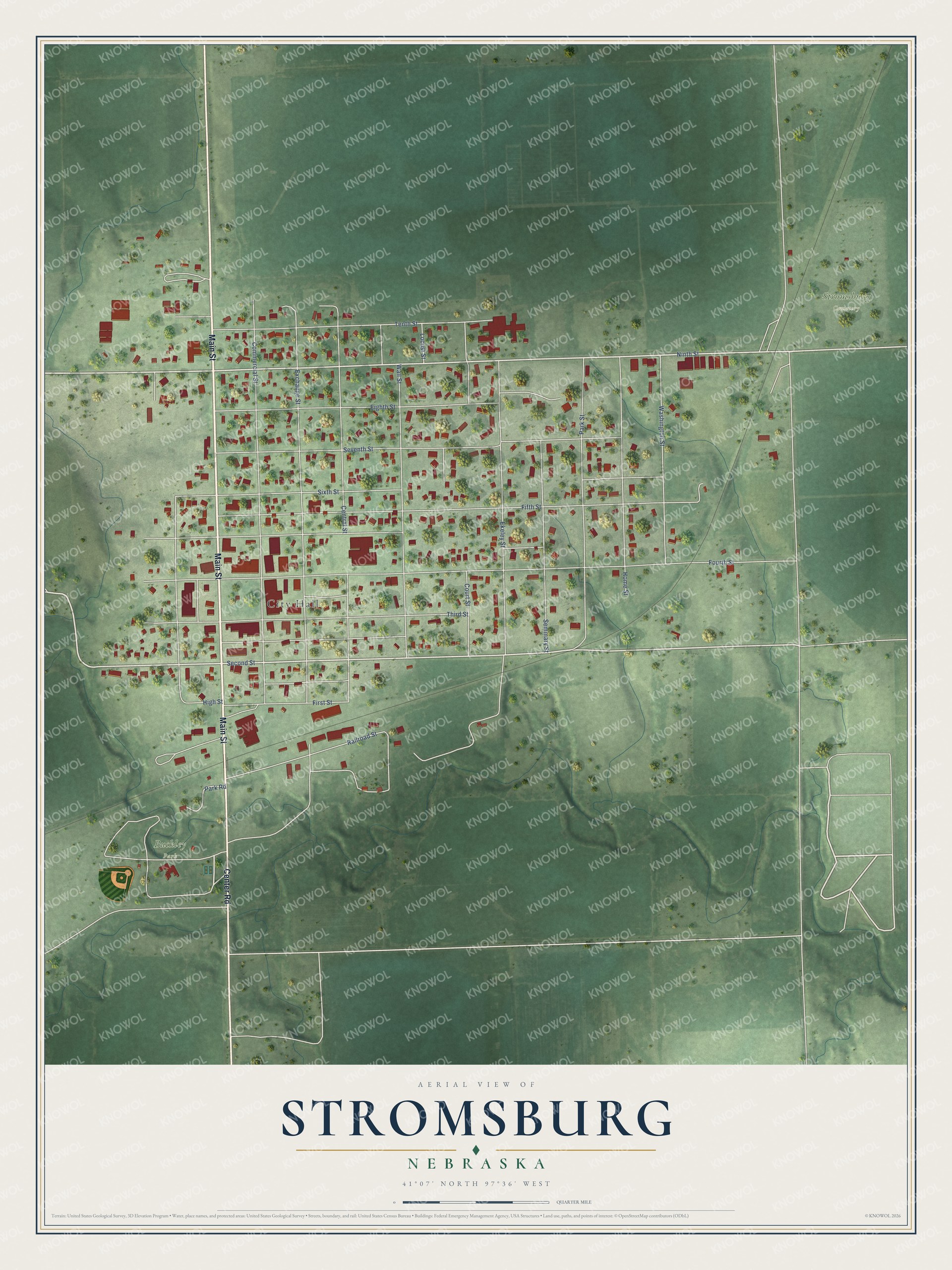 Full map of Stromsburg, Nebraska, with red buildings, printed street names and the land around them