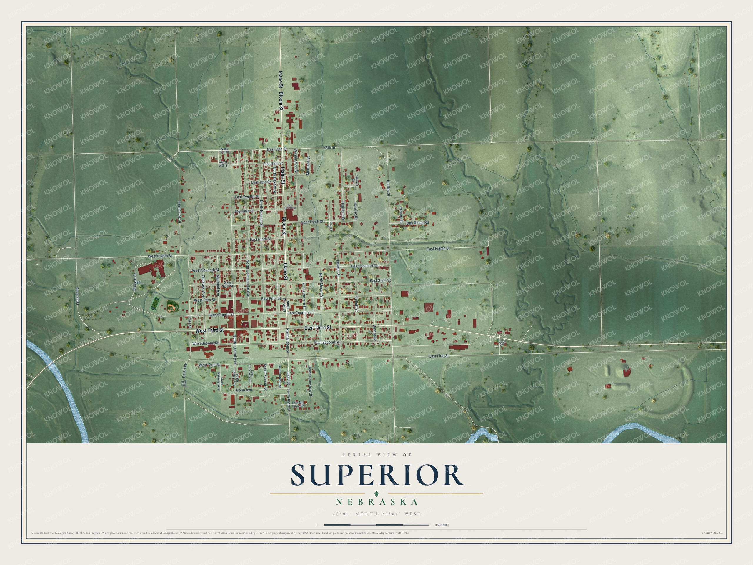 Full map of Superior, Nebraska, with red buildings, printed street names and the land around them