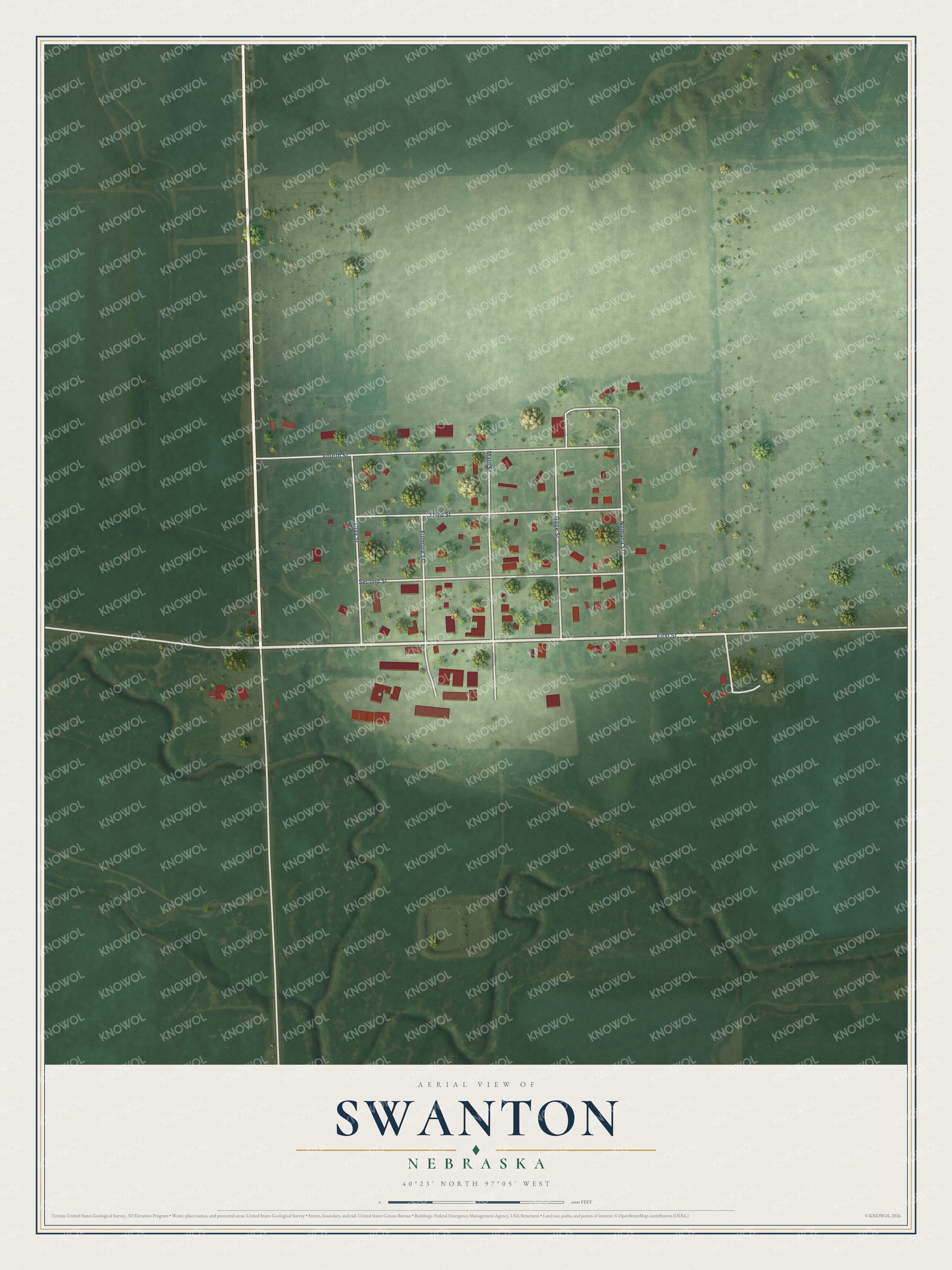 Full map of Swanton, Nebraska, with red buildings, printed street names and the land around them