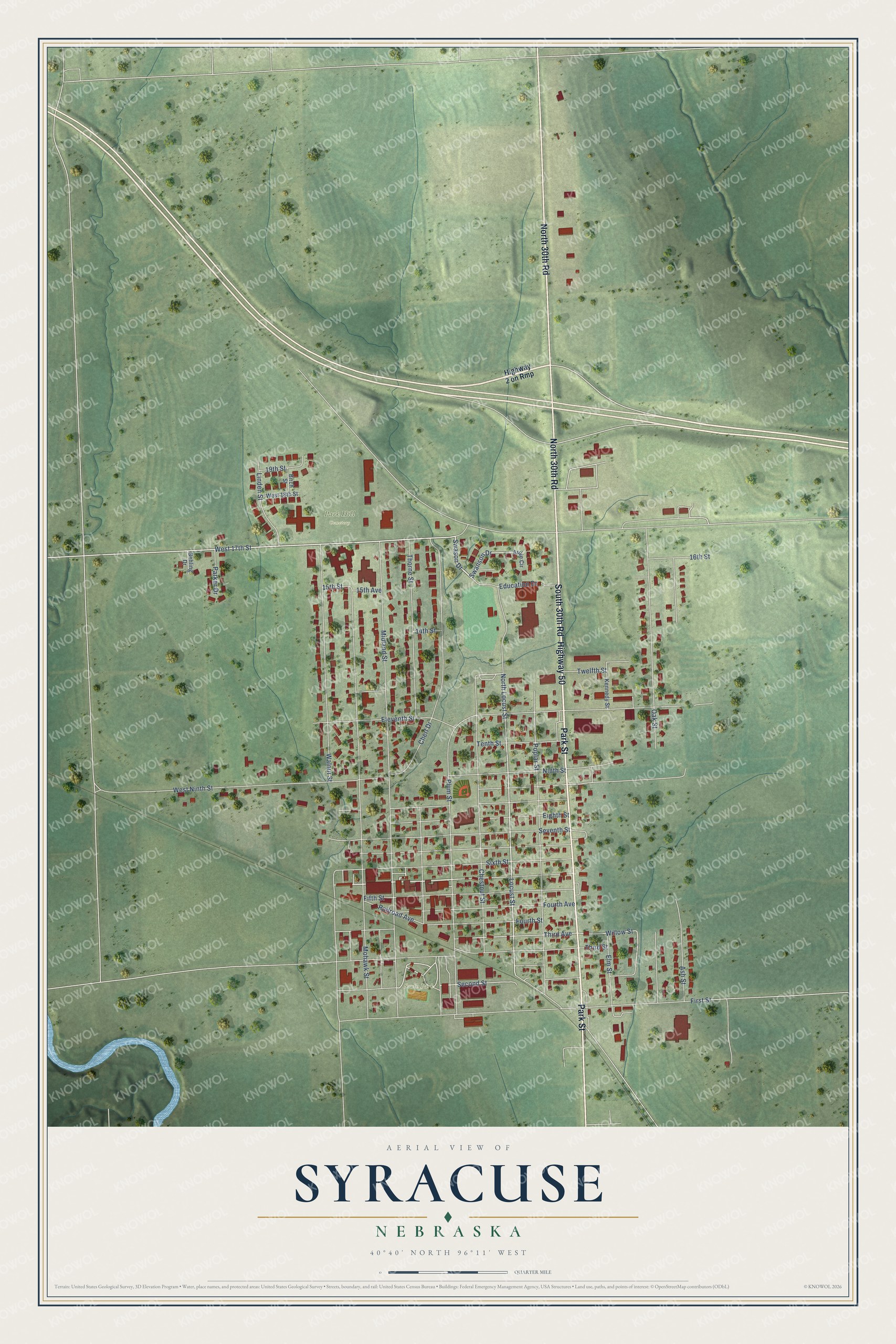 Full map of Syracuse, Nebraska, with red buildings, printed street names and the land around them