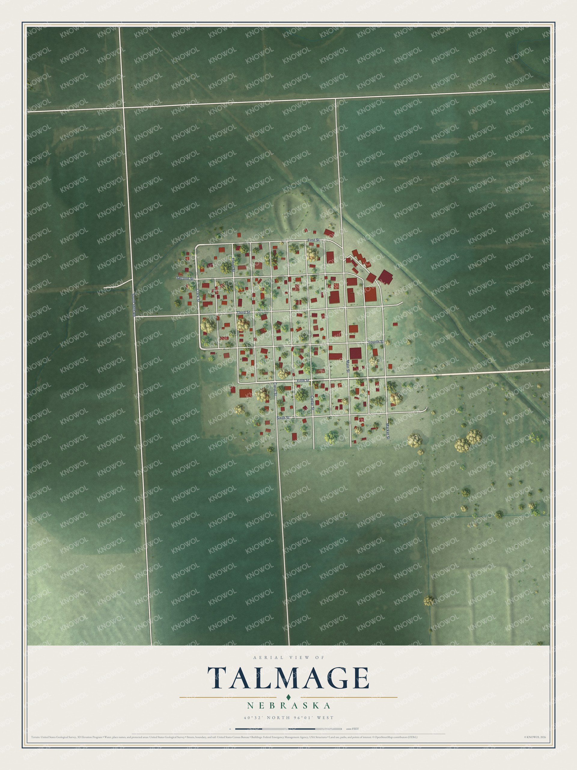 Full map of Talmage, Nebraska, with red buildings, printed street names and the land around them