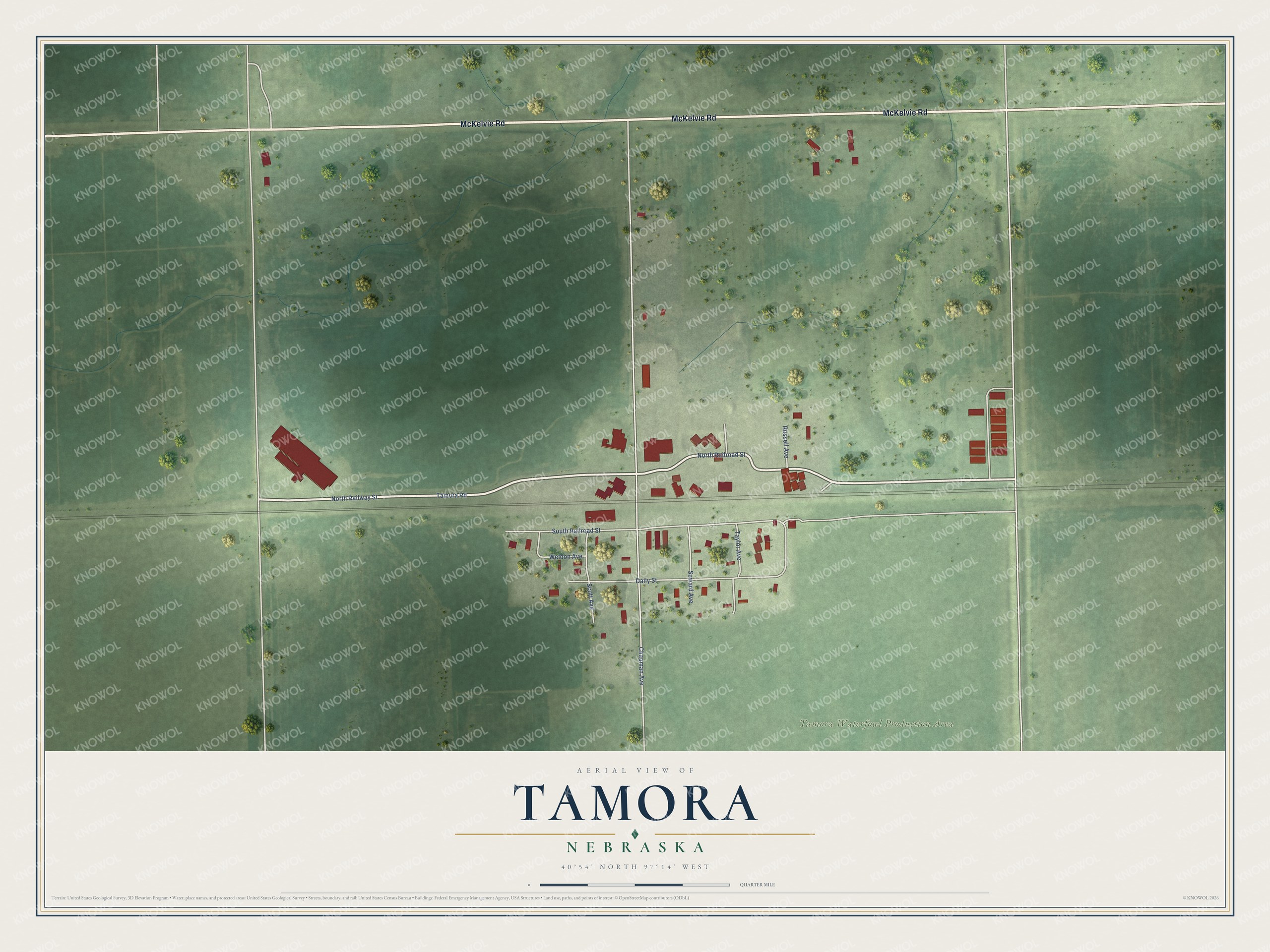 Full map of Tamora, Nebraska, with red buildings, printed street names and the land around them