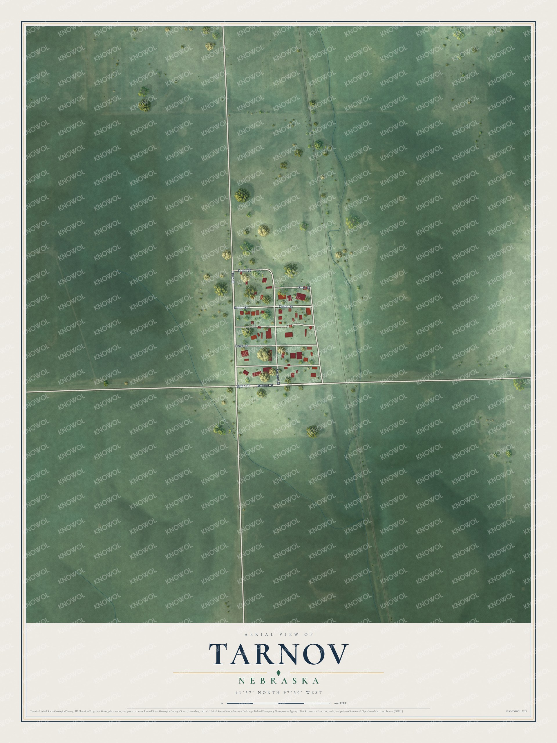 Full map of Tarnov, Nebraska, with red buildings, printed street names and the land around them