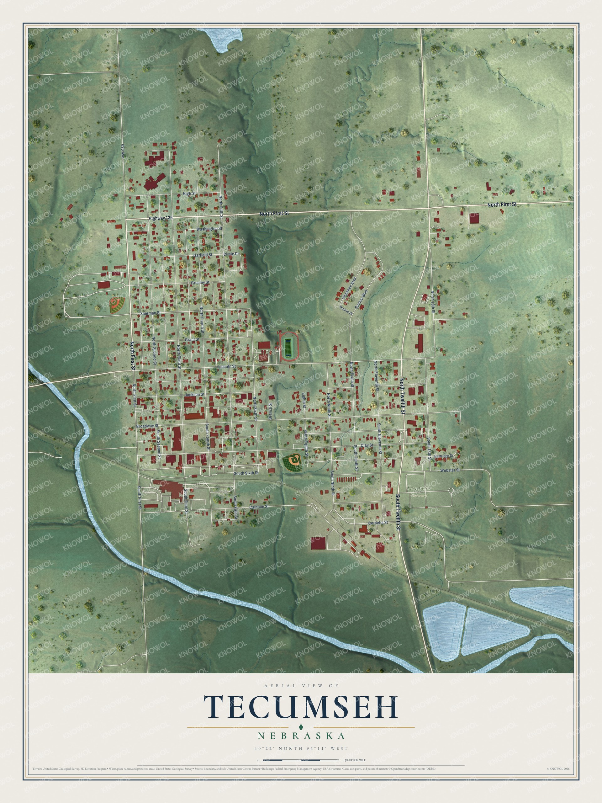 Full map of Tecumseh, Nebraska, with red buildings, printed street names and the land around them