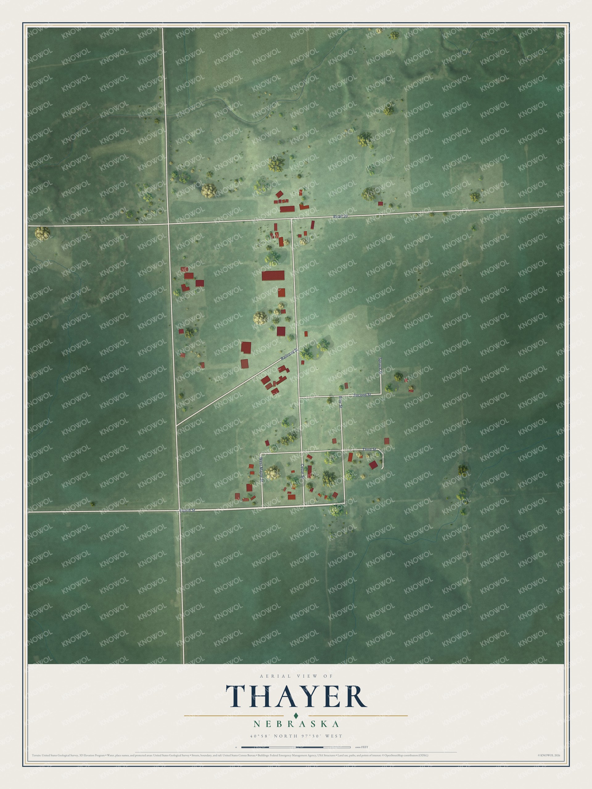 Full map of Thayer, Nebraska, with red buildings, printed street names and the land around them