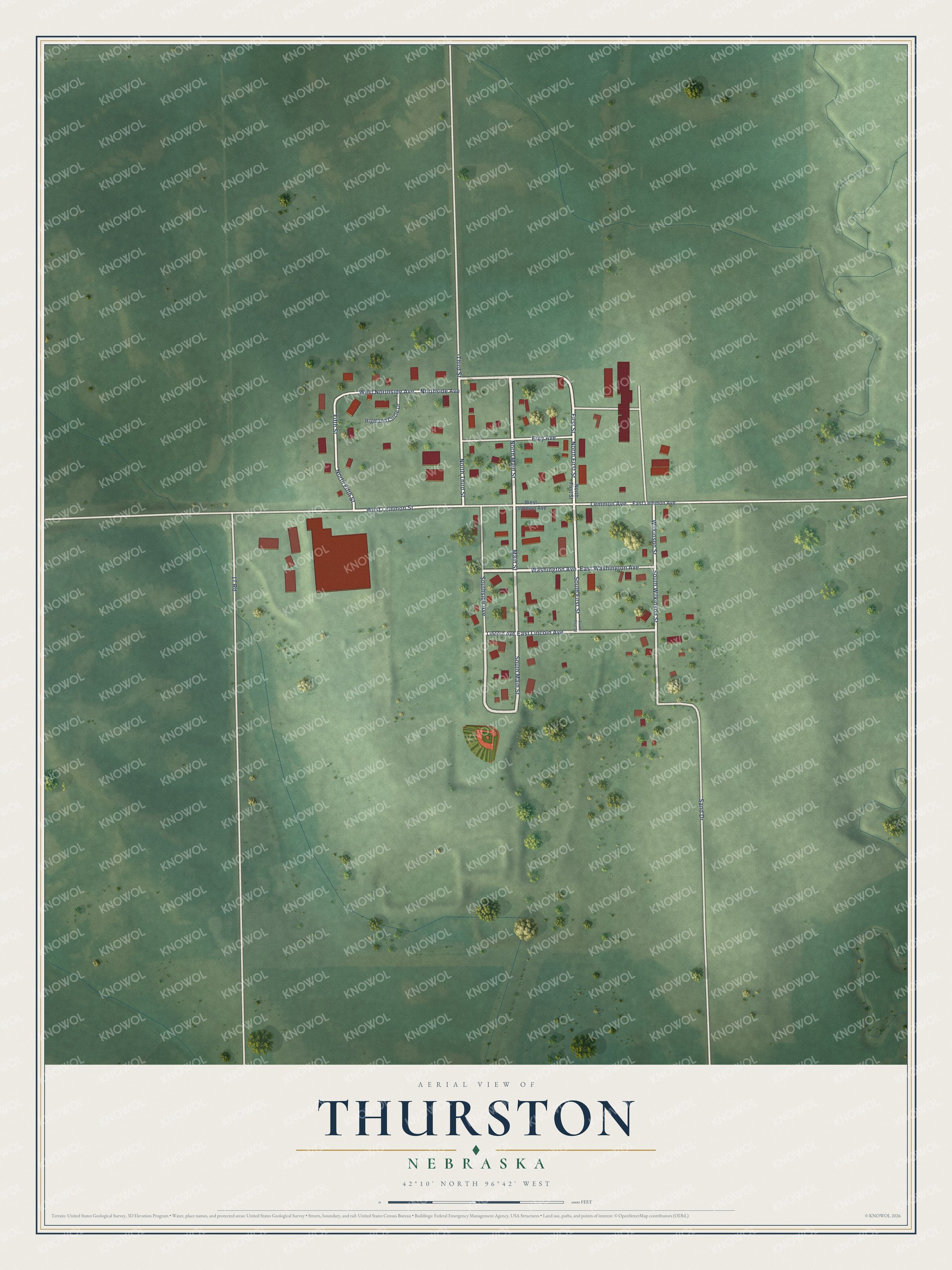 Full map of Thurston, Nebraska, with red buildings, printed street names and the land around them