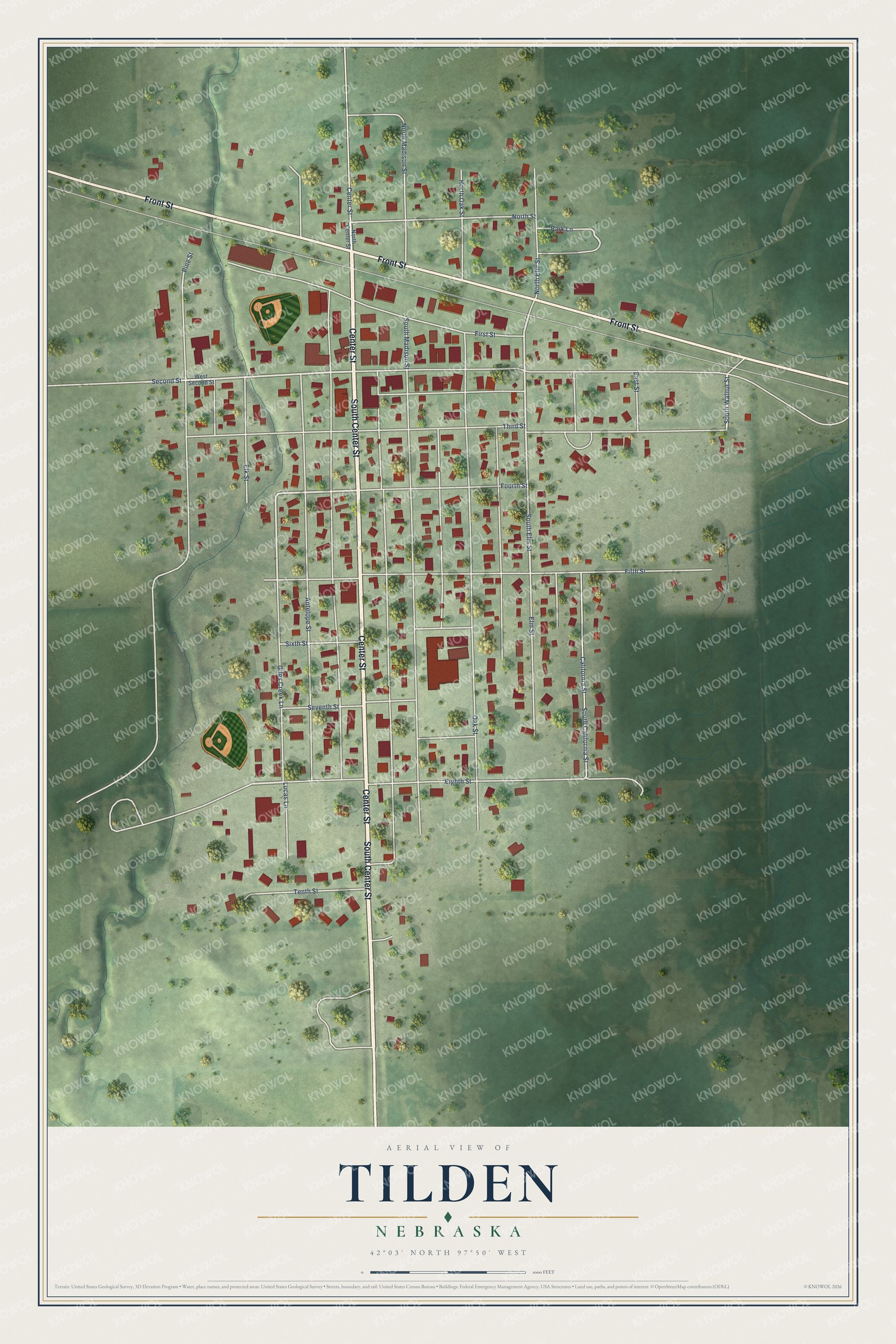 Full map of Tilden, Nebraska, with red buildings, printed street names and the land around them