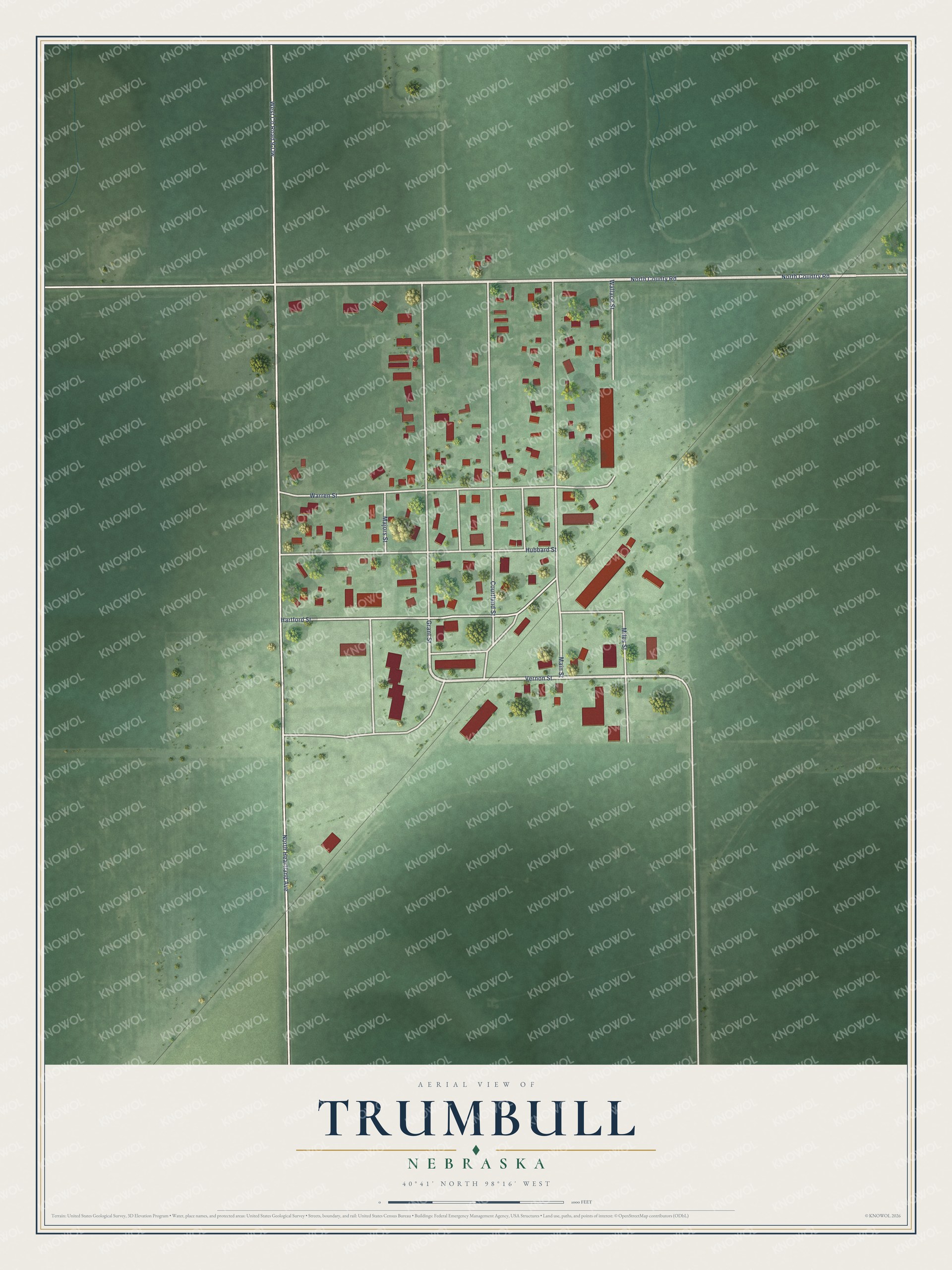 Full map of Trumbull, Nebraska, with red buildings, printed street names and the land around them