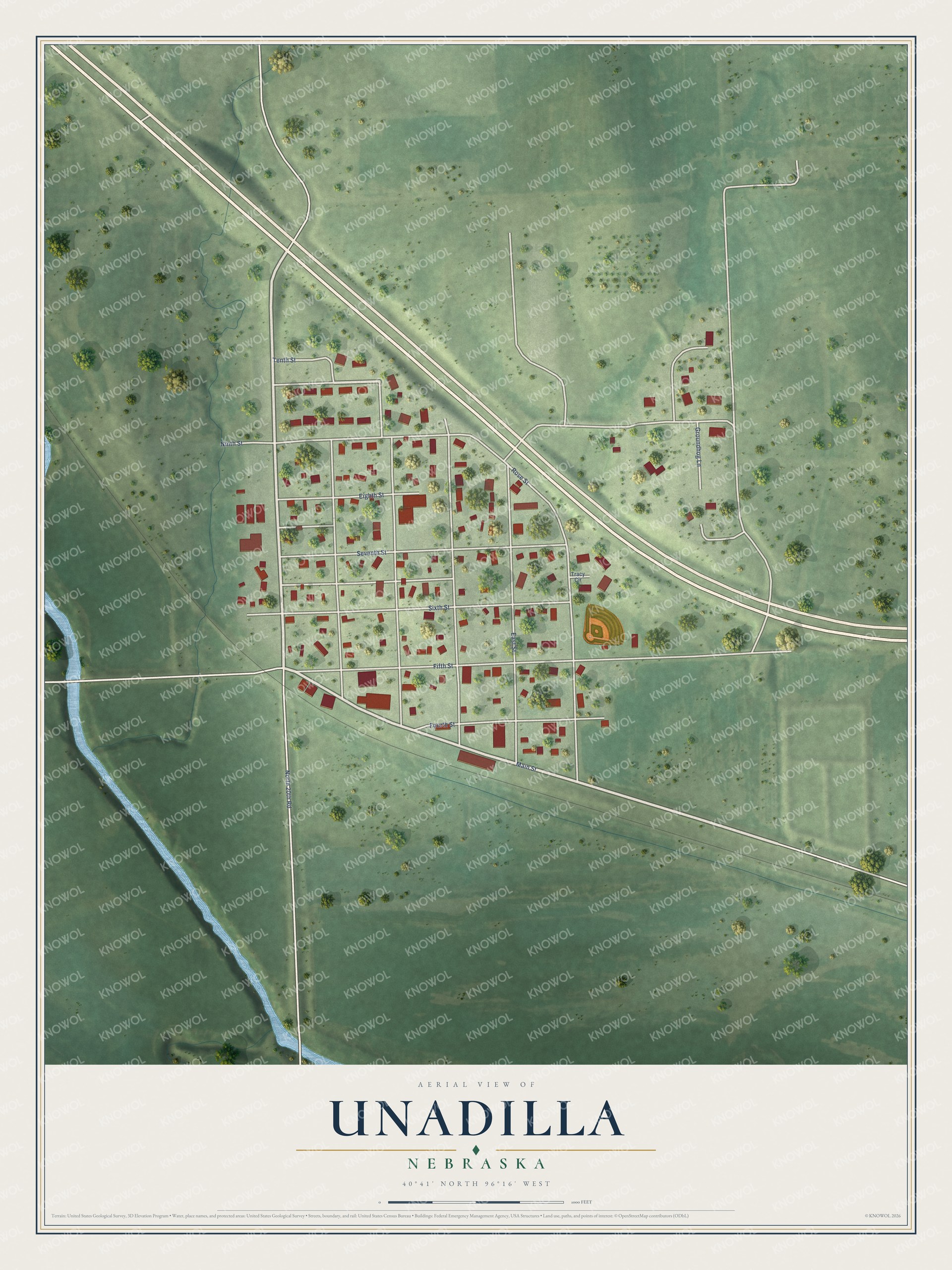 Full map of Unadilla, Nebraska, with red buildings, printed street names and the land around them