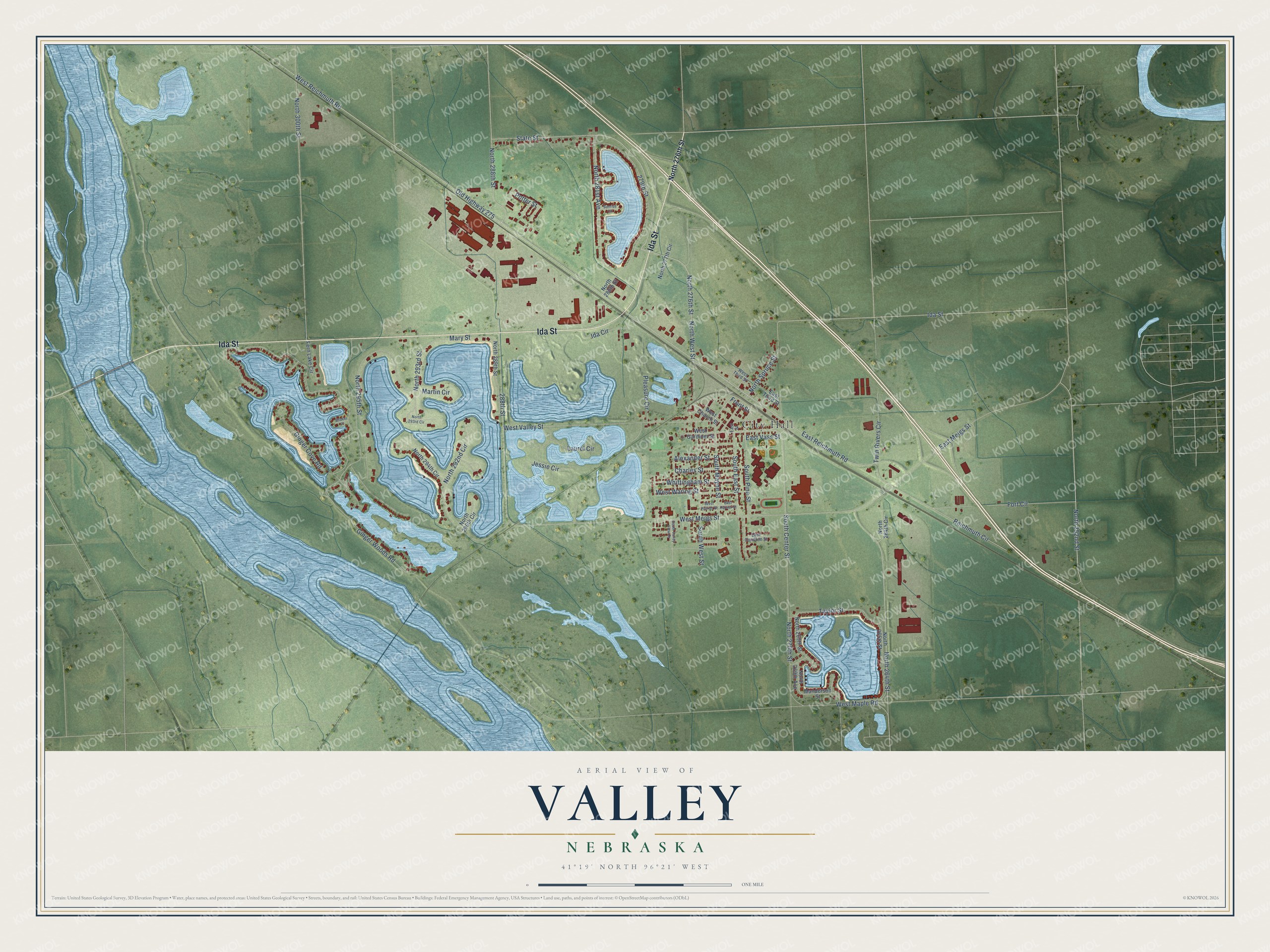 Full map of Valley, Nebraska, with red buildings, printed street names and the land around them