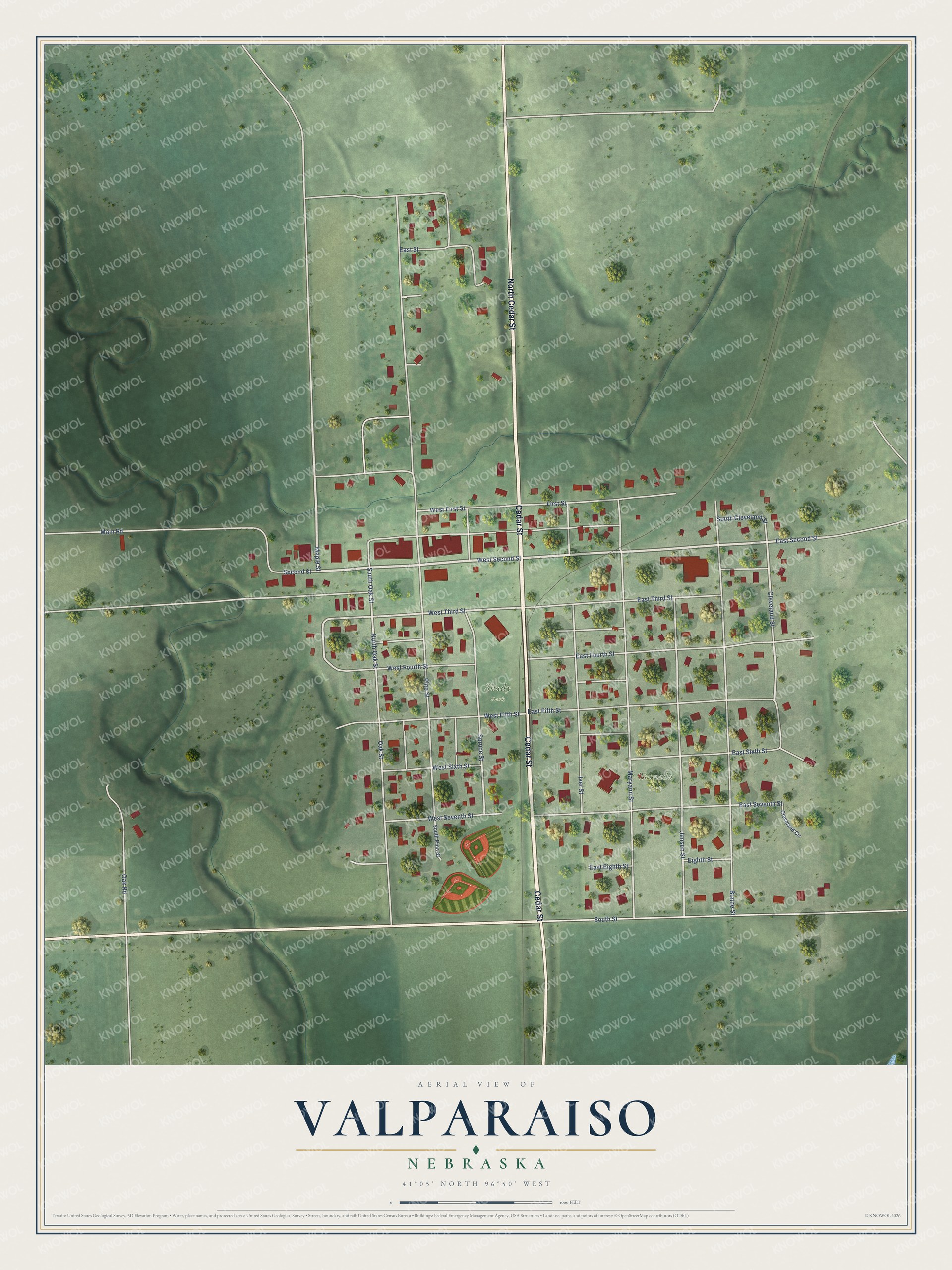 Full map of Valparaiso, Nebraska, with red buildings, printed street names and the land around them