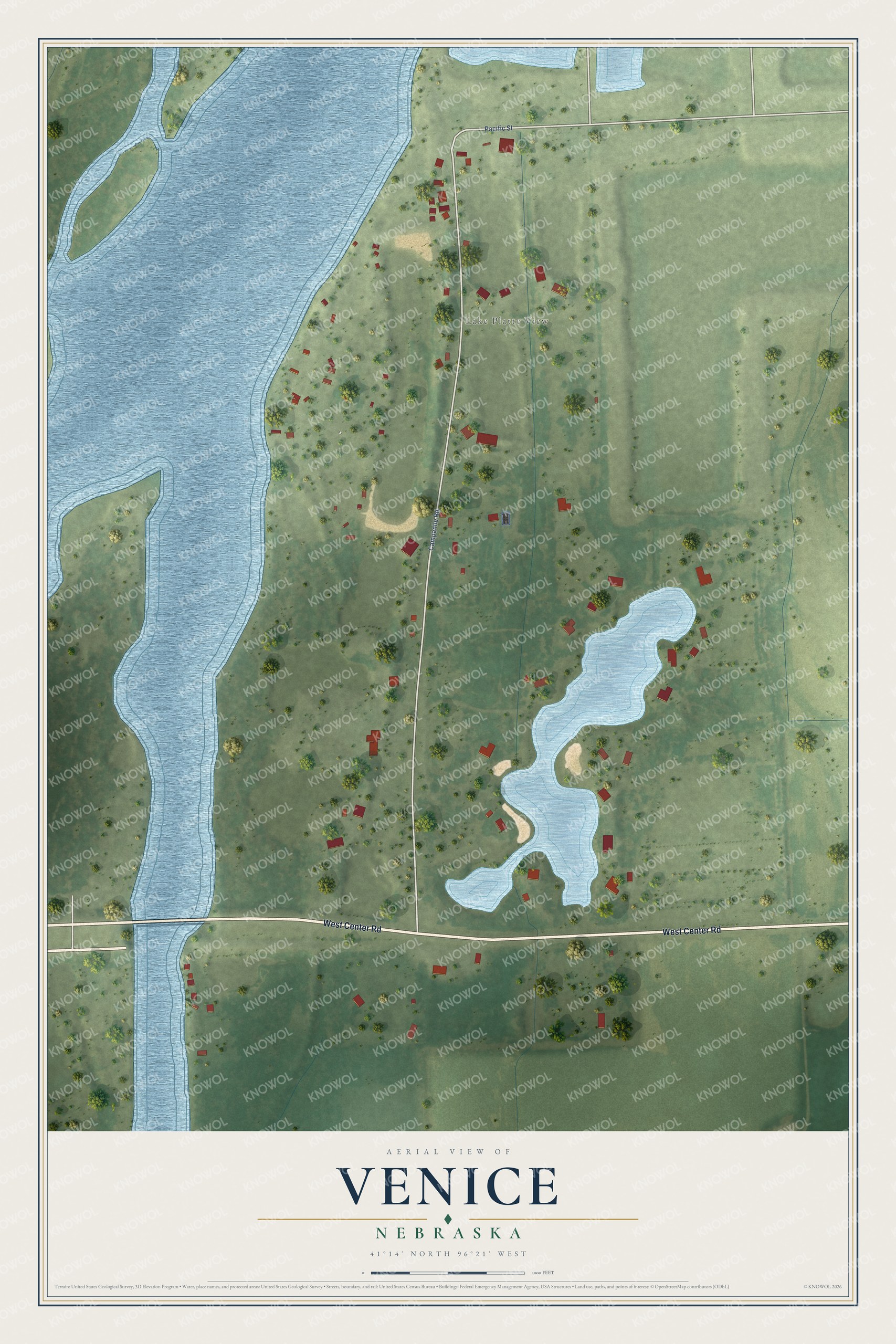 Full map of Venice, Nebraska, with red buildings, printed street names and the land around them