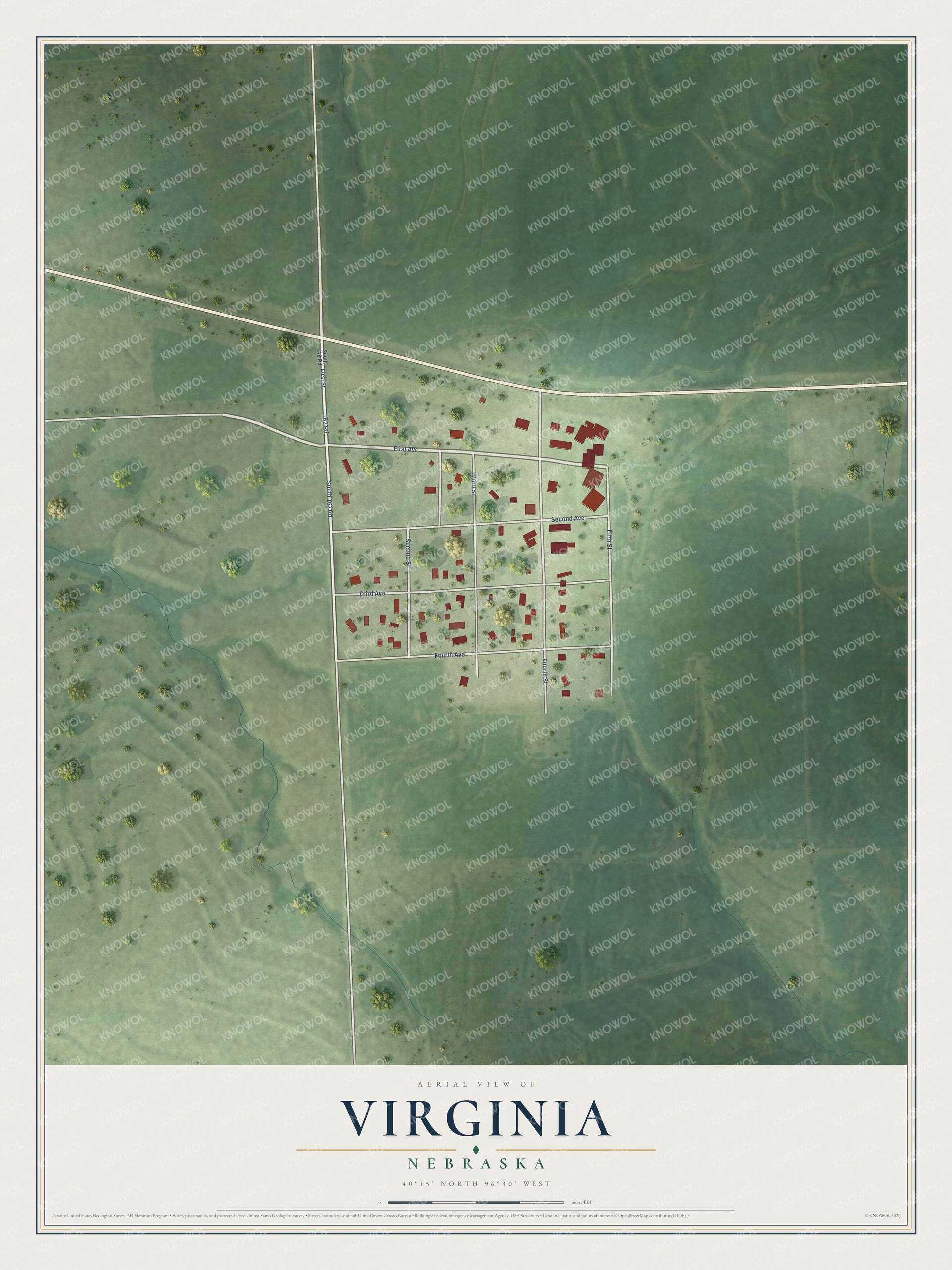 Full map of Virginia, Nebraska, with red buildings, printed street names and the land around them