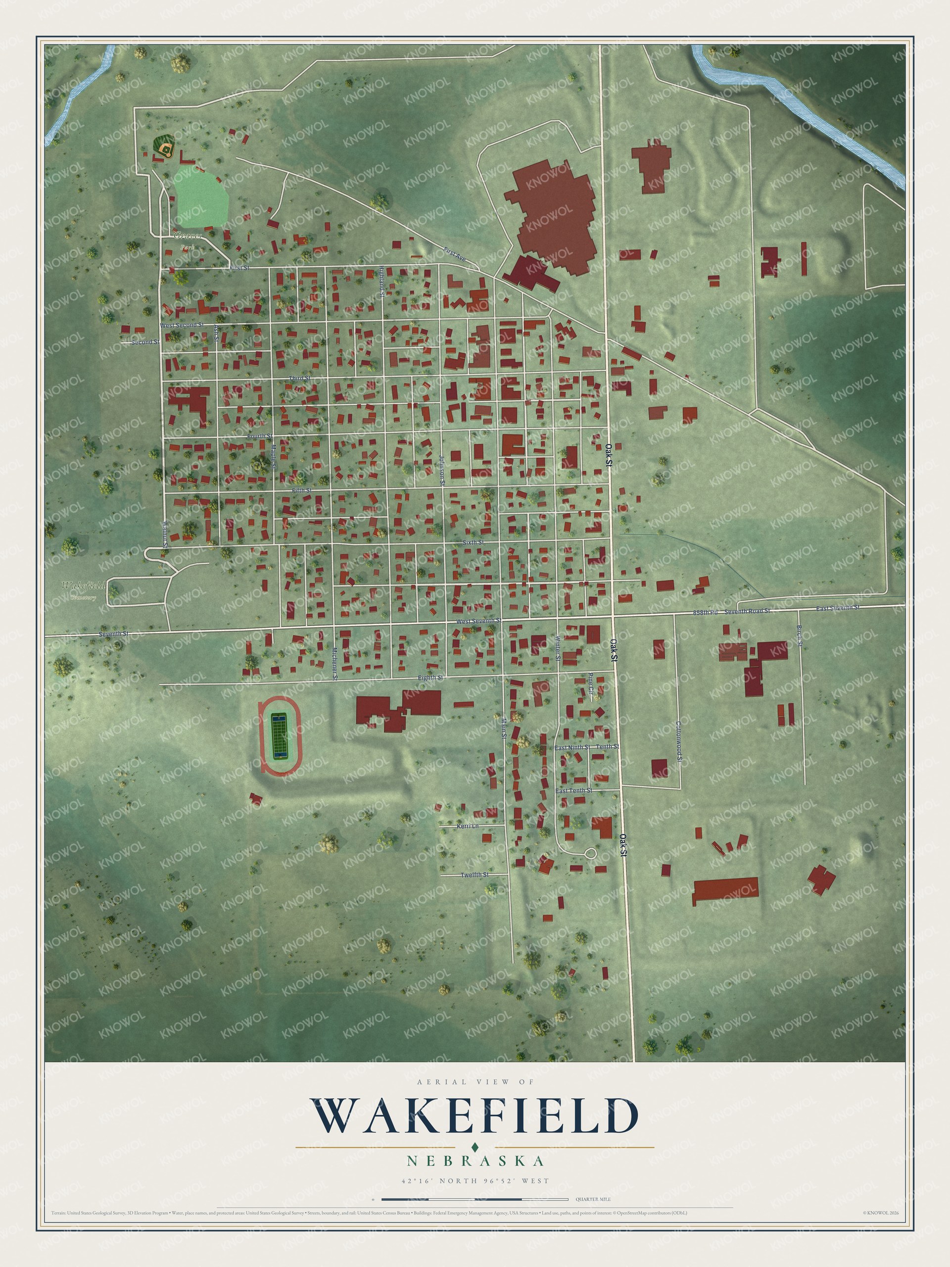 Full map of Wakefield, Nebraska, with red buildings, printed street names and the land around them