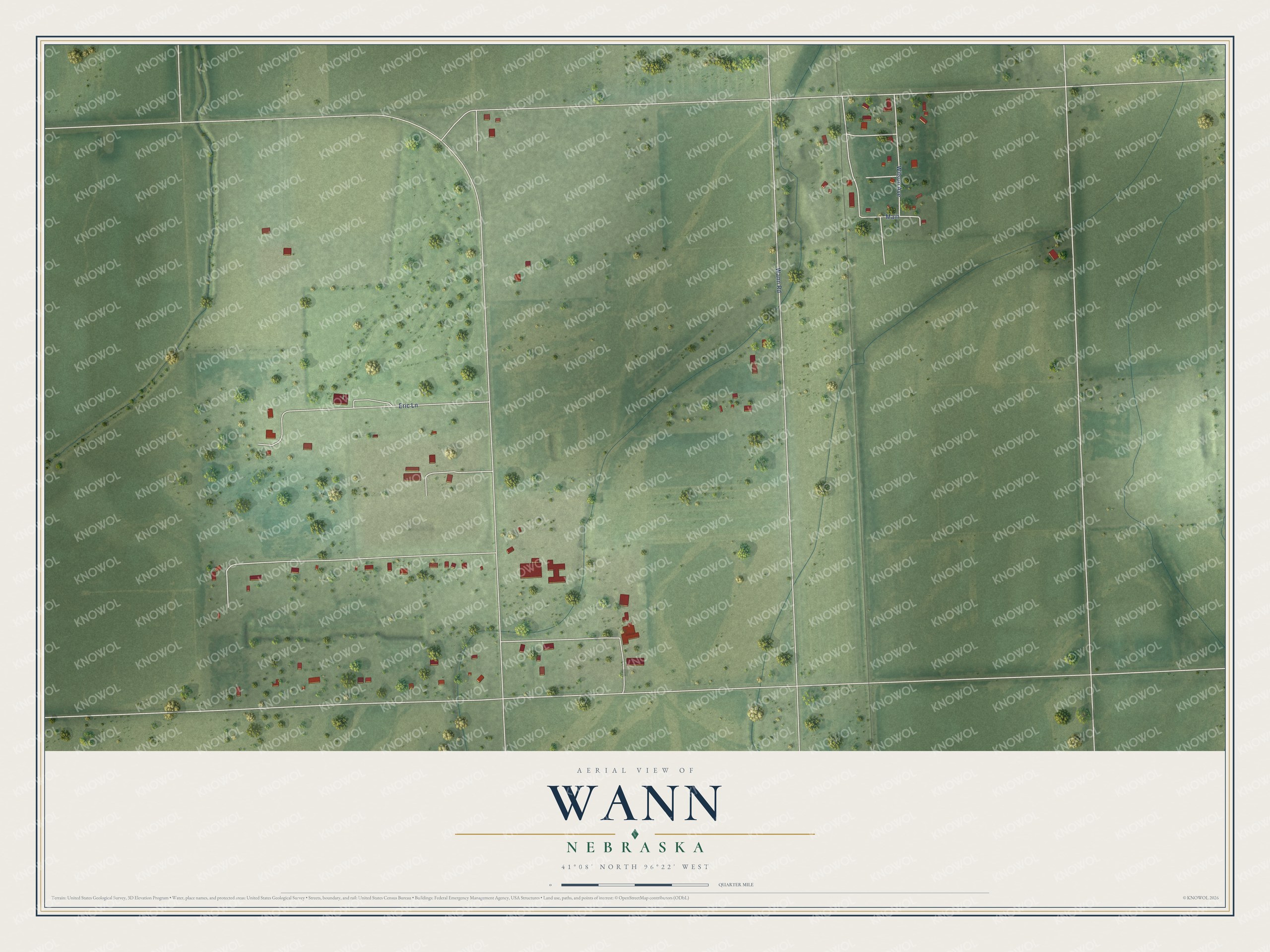 Full map of Wann, Nebraska, with red buildings, printed street names and the land around them