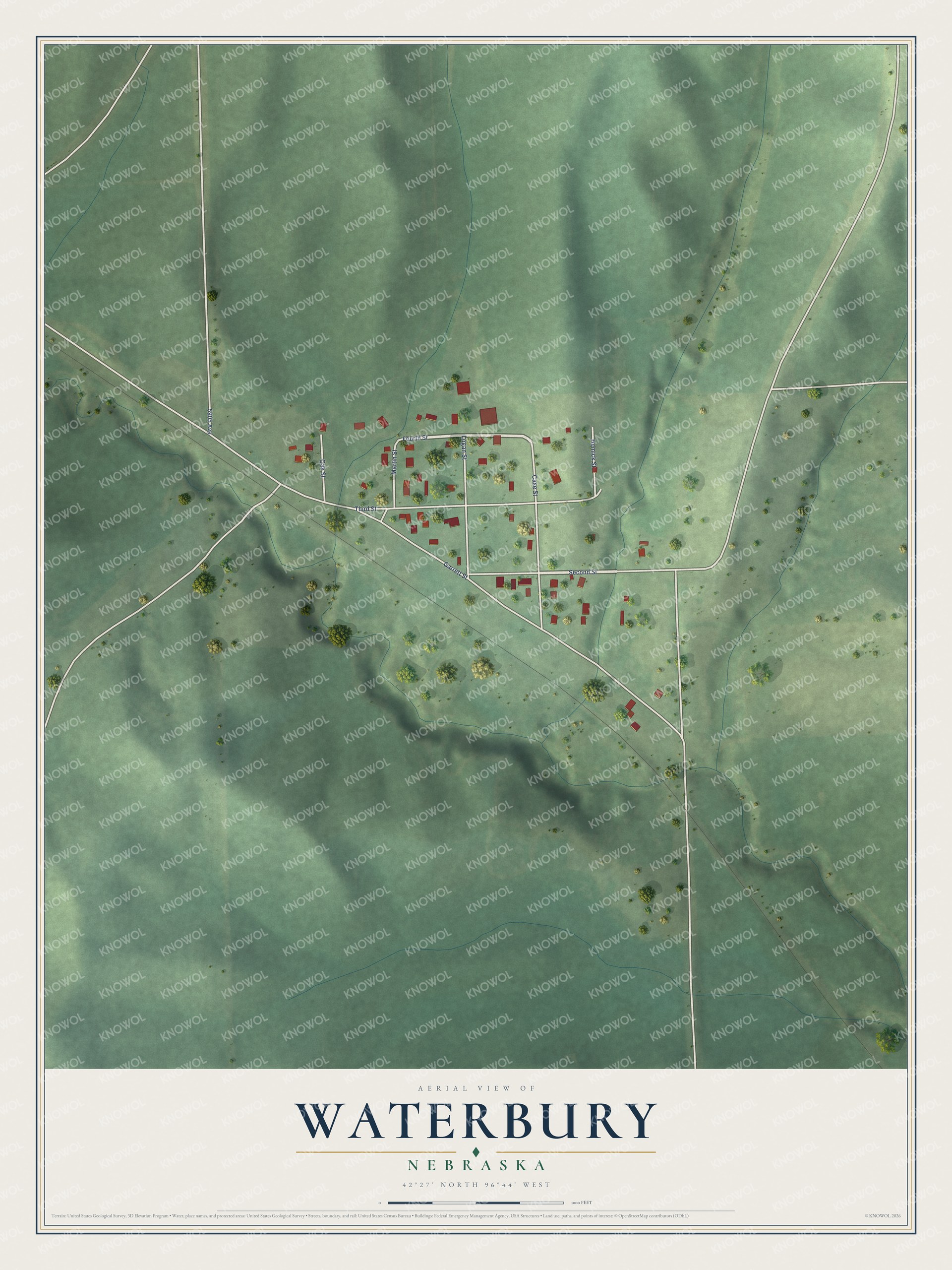Full map of Waterbury, Nebraska, with red buildings, printed street names and the land around them