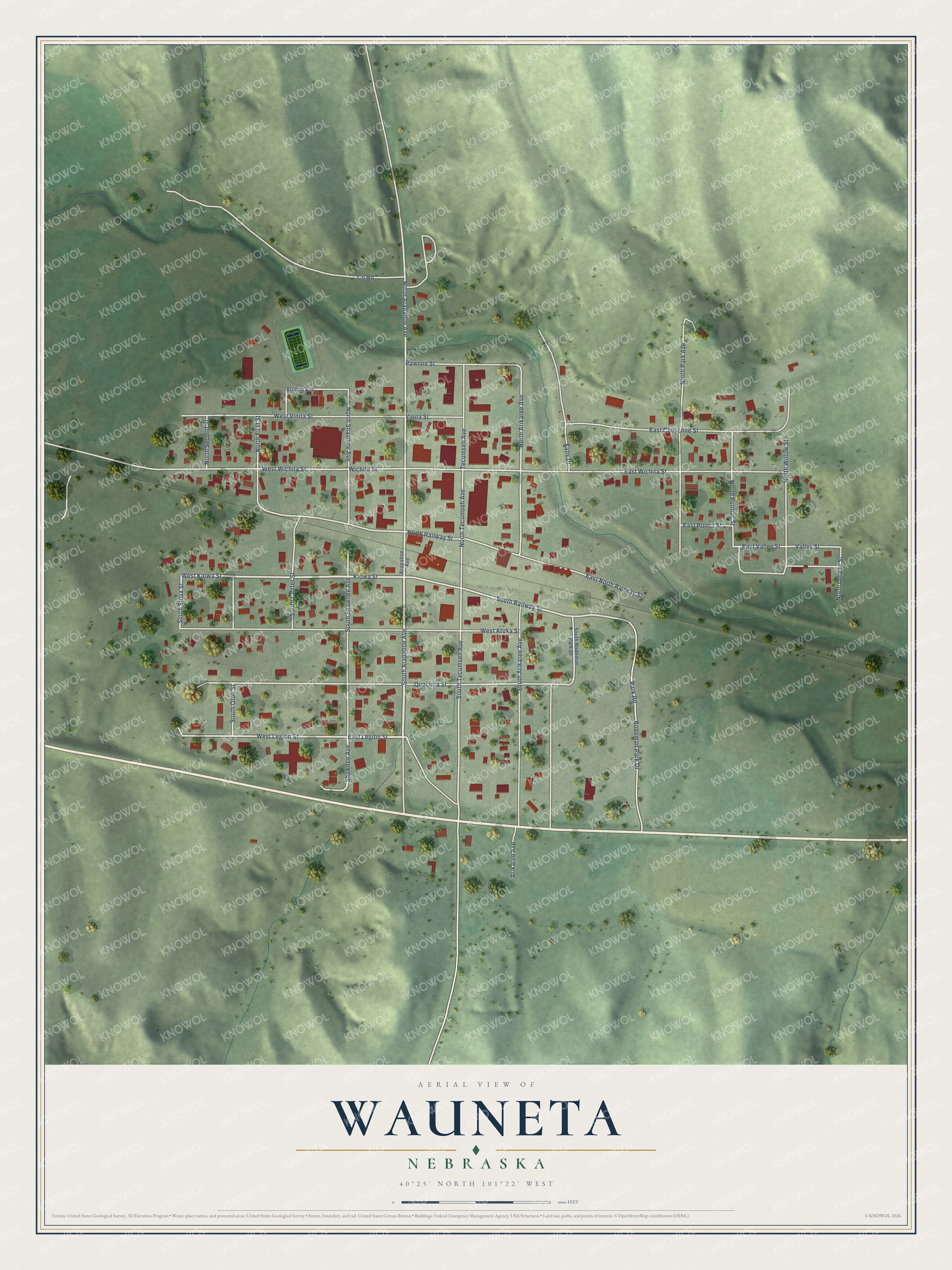 Full map of Wauneta, Nebraska, with red buildings, printed street names and the land around them