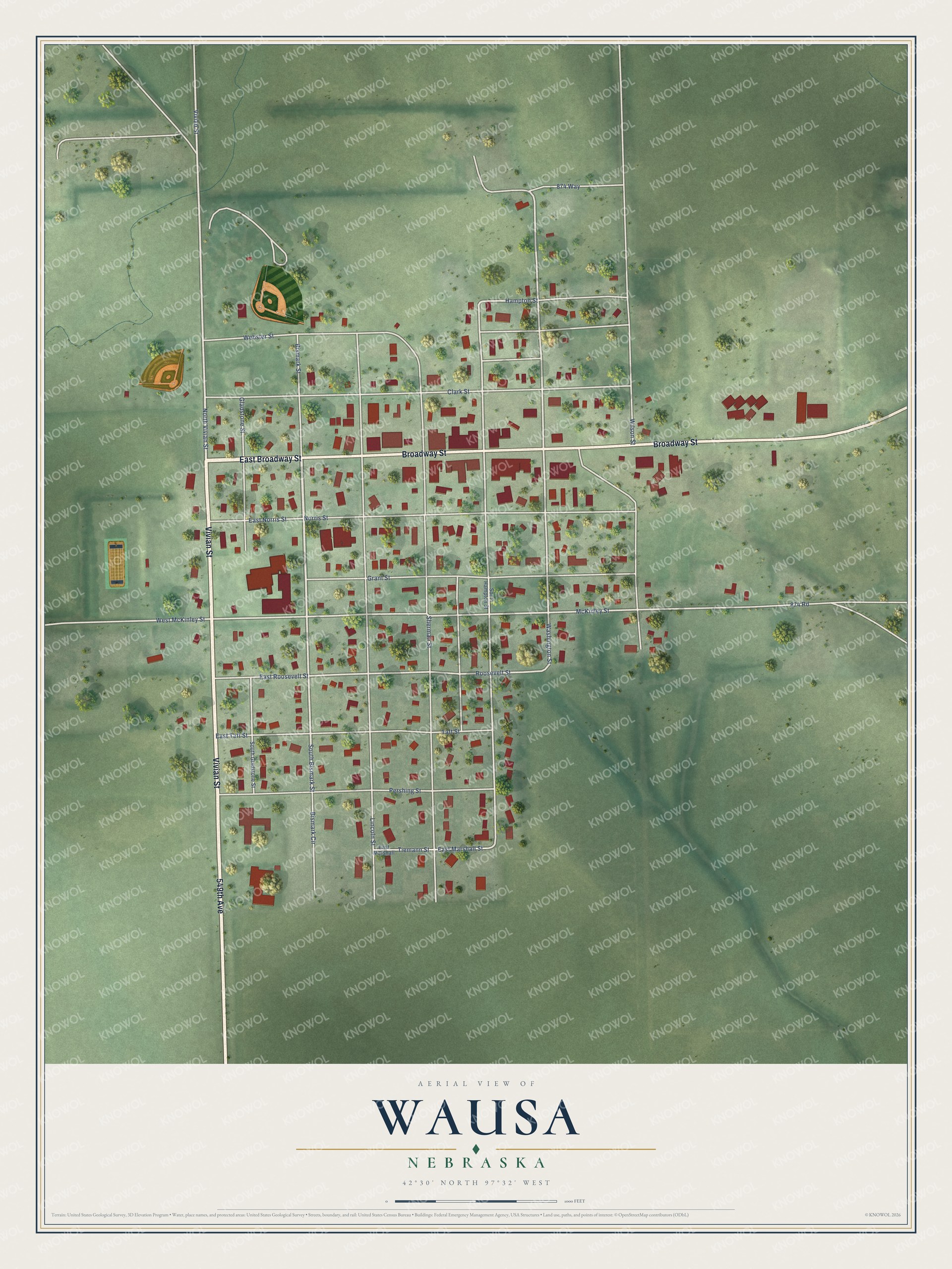 Watermarked full-map preview of Wausa, Nebraska
