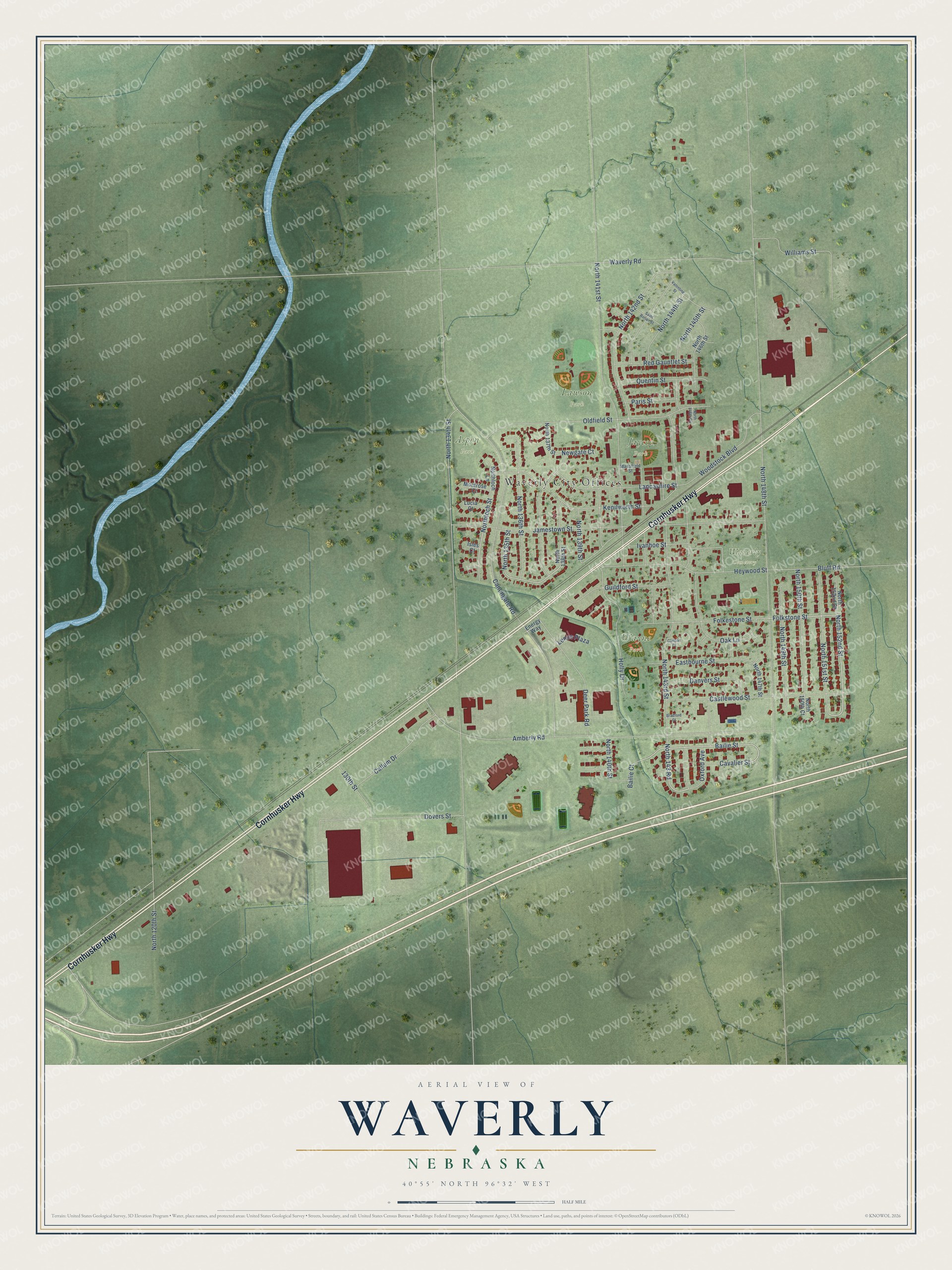 Watermarked full-map preview of Waverly, Nebraska