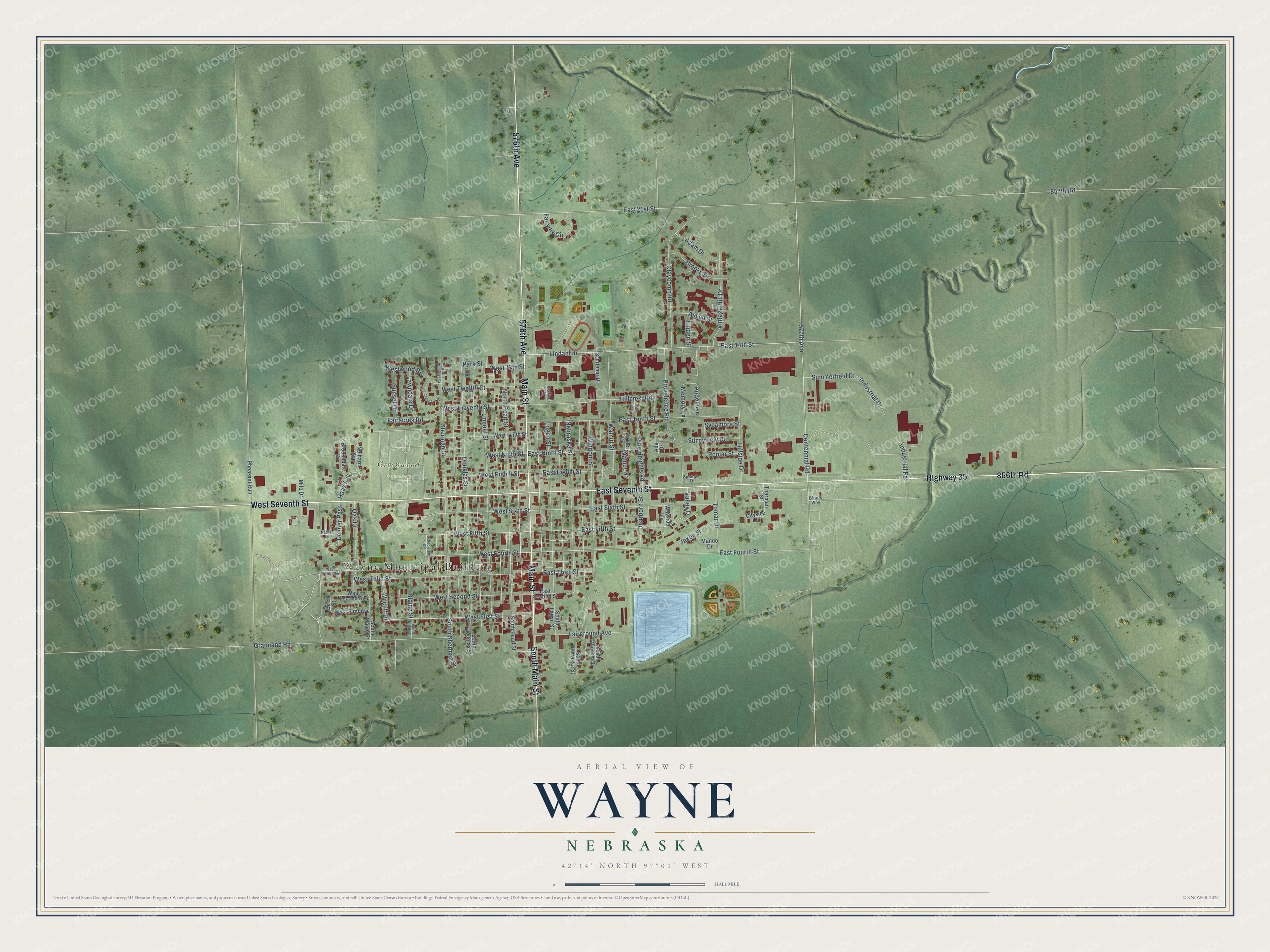 Full map of Wayne, Nebraska, with red buildings, printed street names and the land around them