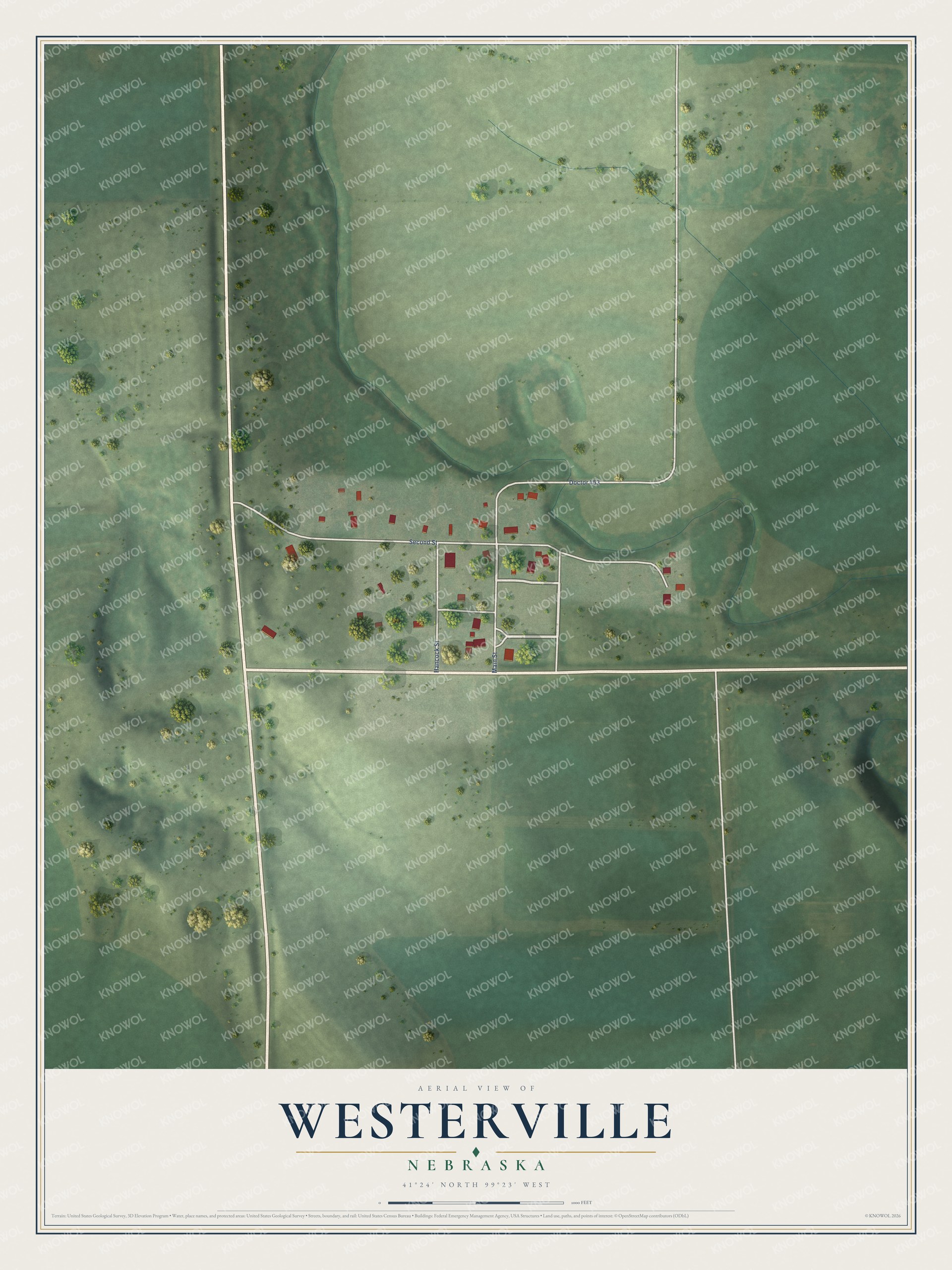 Full map of Westerville, Nebraska, with red buildings, printed street names and the land around them