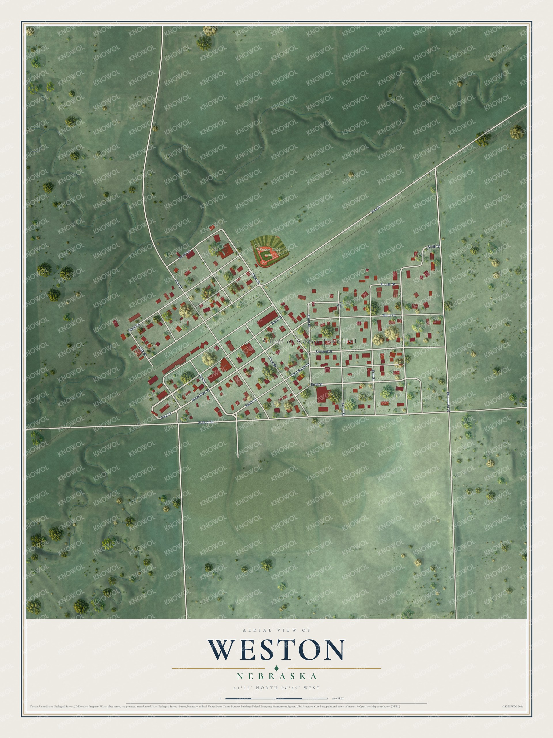Full map of Weston, Nebraska, with red buildings, printed street names and the land around them